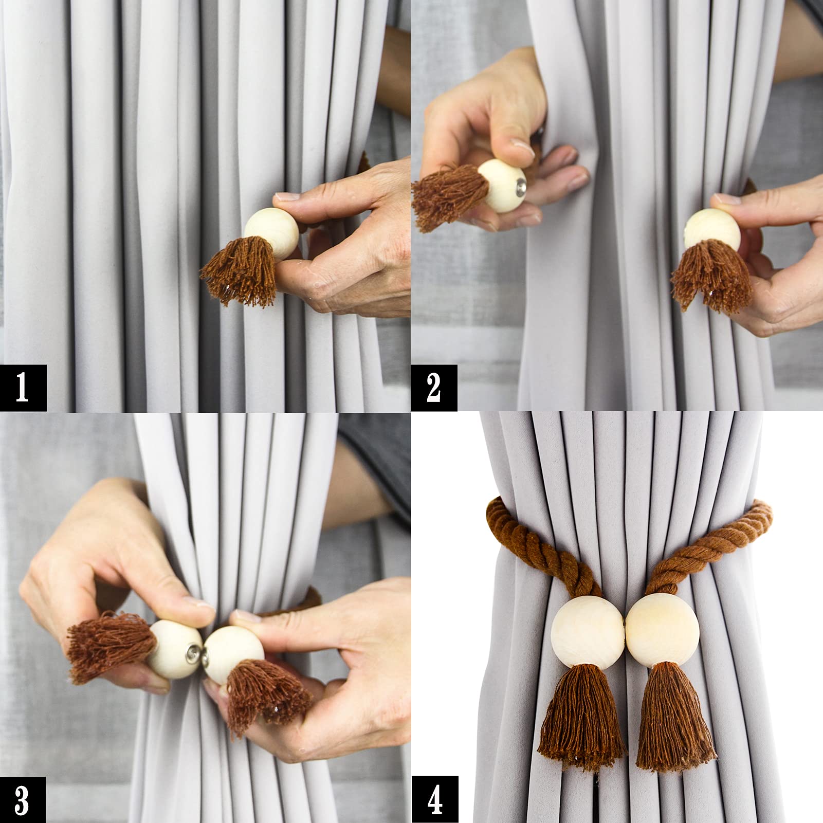 Magnetische Raffhalter aus Baumwolle, handgewebt, dekorative Raffhalter für Vorhänge, mit robuster Holzschnalle, kein Werkzeug erforderlich, Khaki, 6 Stück