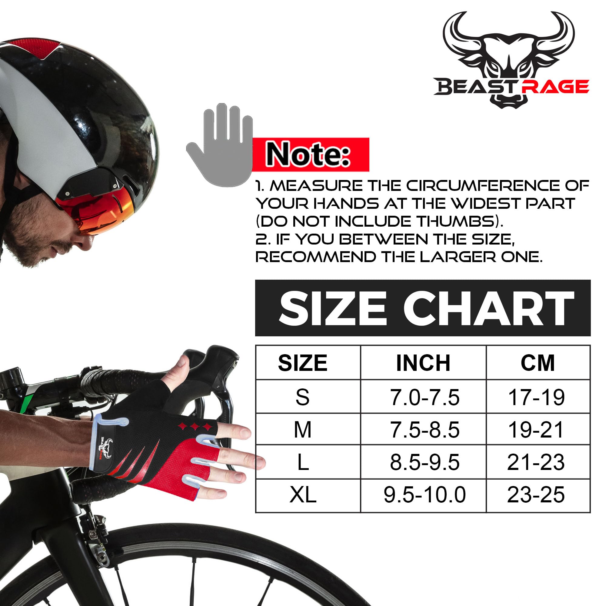 BEAST RAGE Guantes de Ciclismo de Medio Dedo para Hombres y Mujeres, Acolchados de Gel, Antideslizantes, absorción de Golpes, Guantes de Gimnasio, Guantes de Bicicleta de montaña