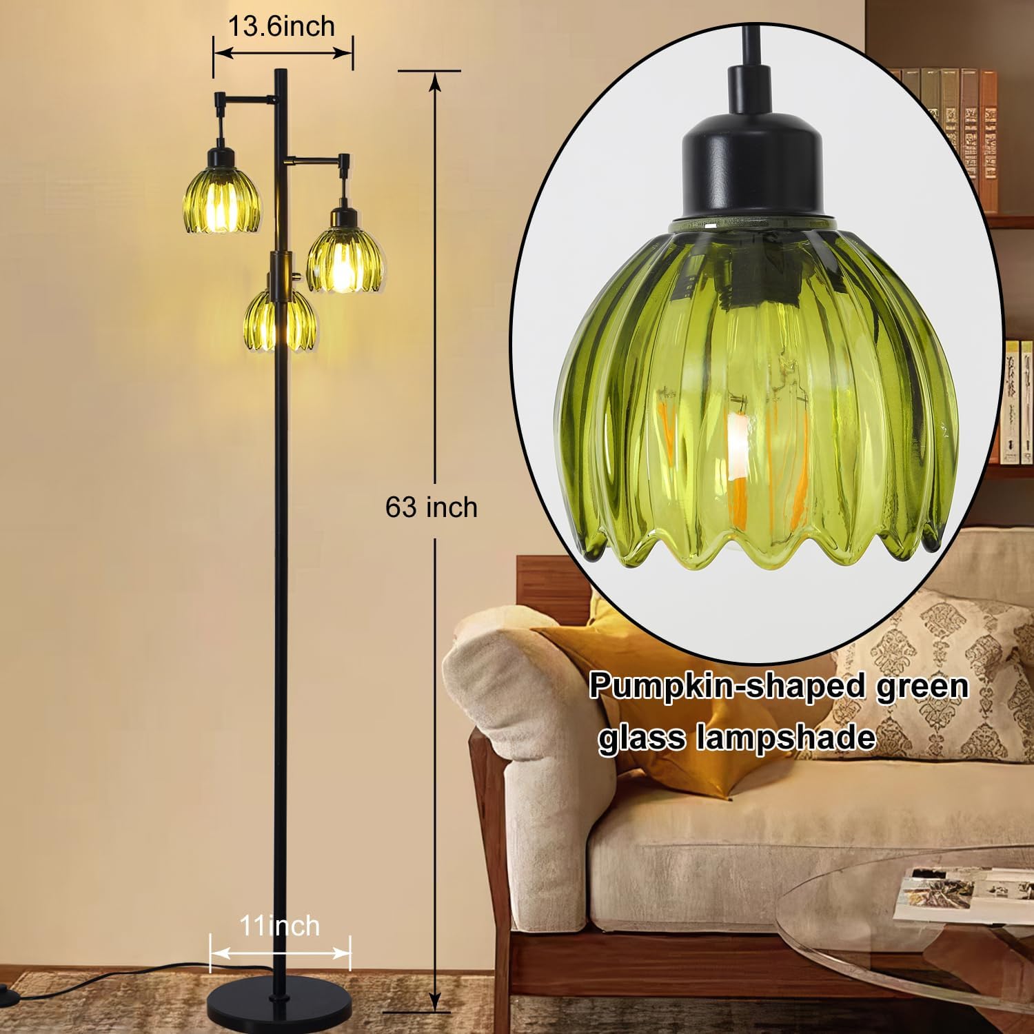 Dimmable Floor Lamp,3-Light Vintage Retro Tree Floor Lamp with Black Finish,Farmhouse Standing Lamp with 3 Green Glass lampshades for Living Room Bedroom