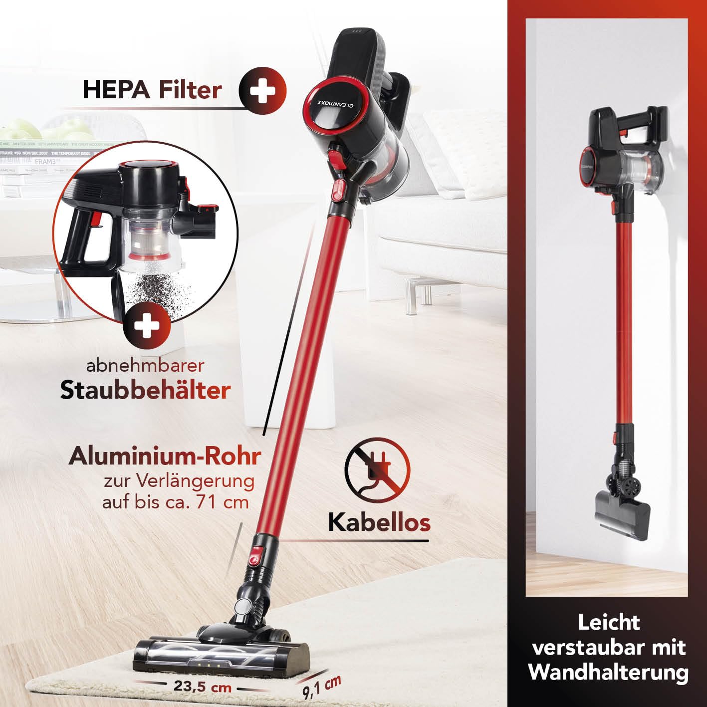 CLEANmaxx Aspiradora ciclónica inalámbrica inalámbrica | Potente aspiradora de Mano Incluye depósito de Polvo sin Bolsa de 800 ml | Aspiradora de Suelo con Filtro HEPA y Acero Inoxidable | con