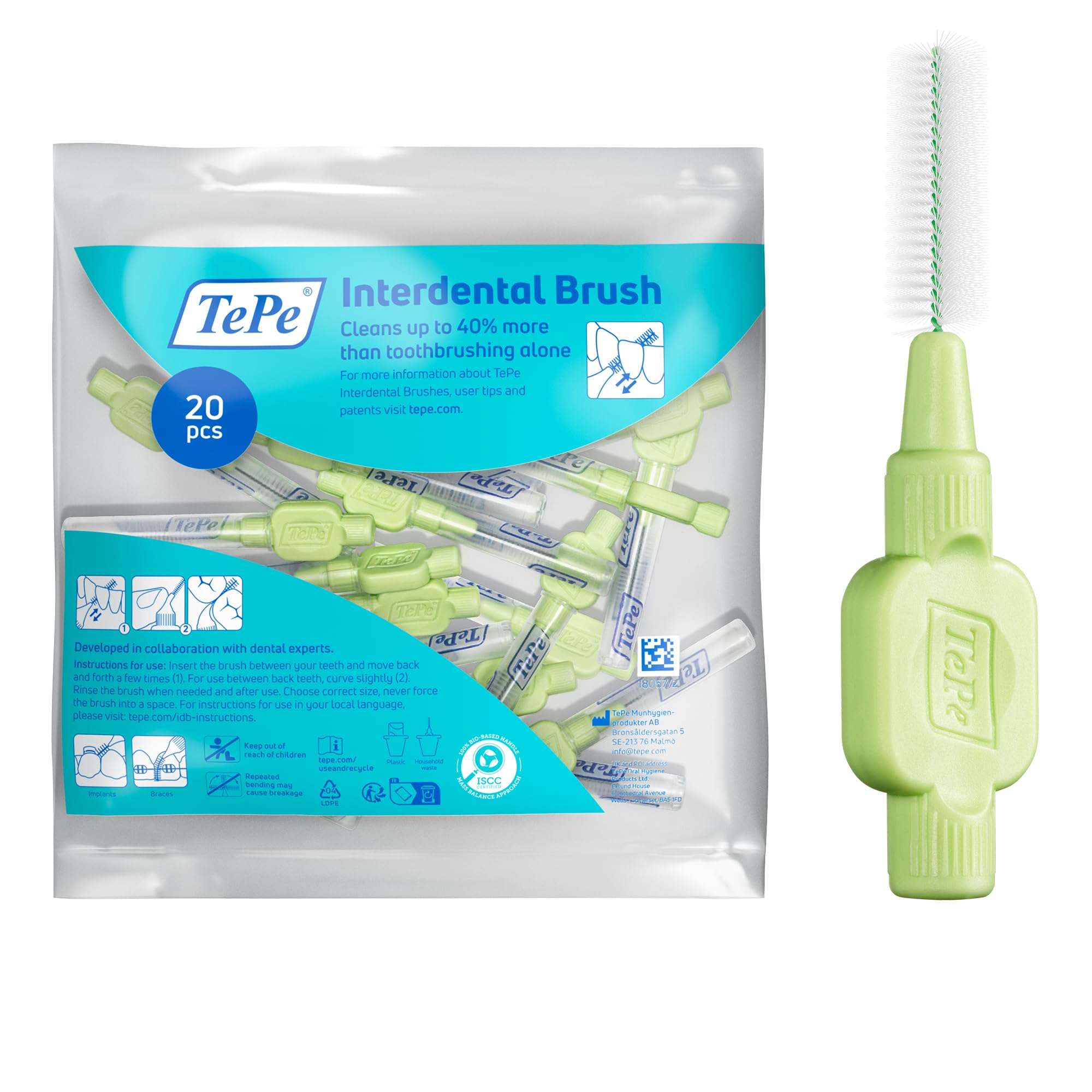 TePe Interdental Brush, Extra Soft, Green, 0.8mm/ISO 5, 20pcs