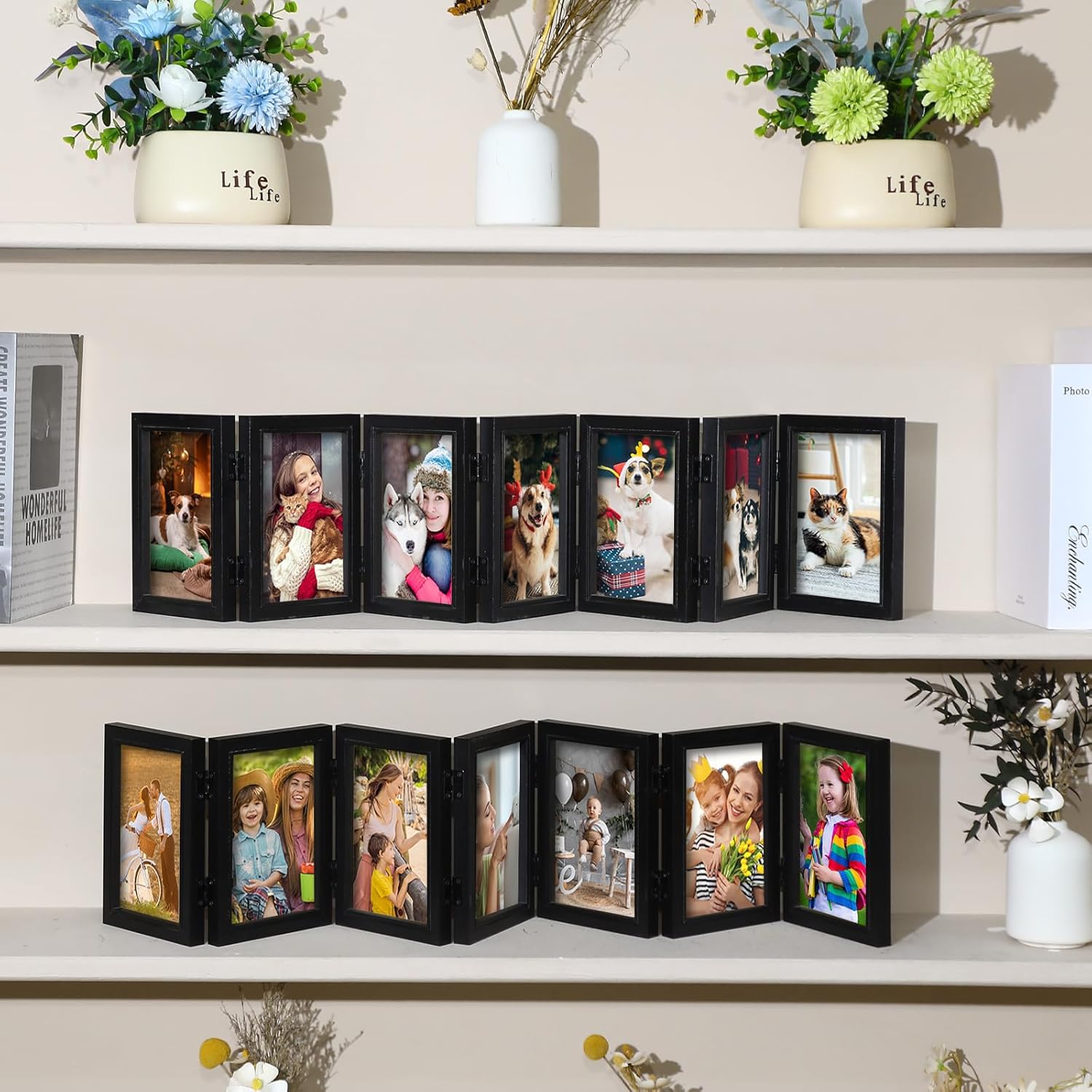 Sintuff 2 Pack 7 Folding 4x6in Hinged Picture Frame Foldable Natural Wood Photo Collage Frames Rustic Desktop with High Definition Acrylic for Mother's Day Graduation Gift Wall Decor(Black)