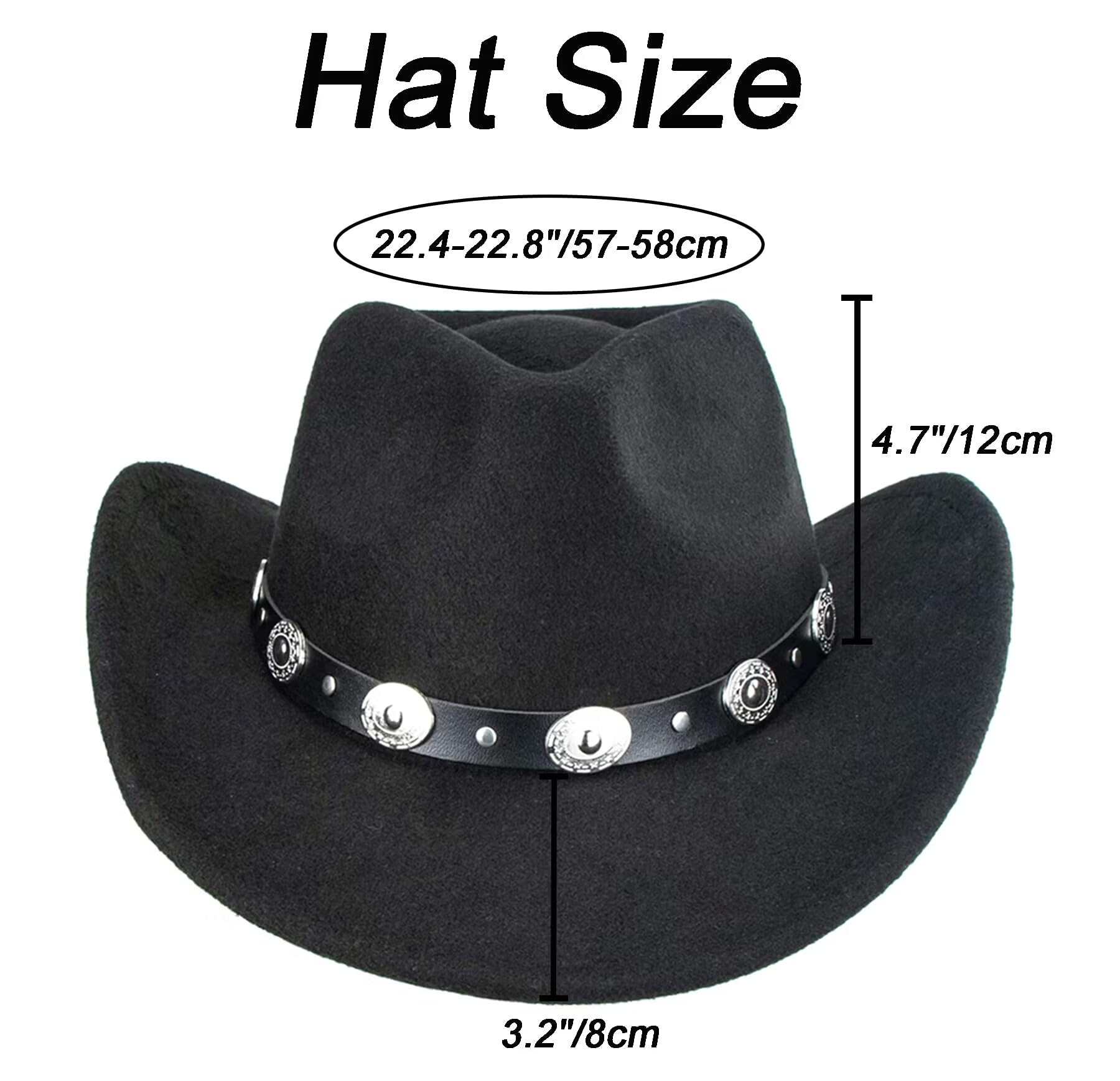 Cappello da cowboy occidentale classico per donne e uomini arrotolabile a tesa larga in feltro Fedora cappelli da cowgirl con fibbia per cintura, nero, M