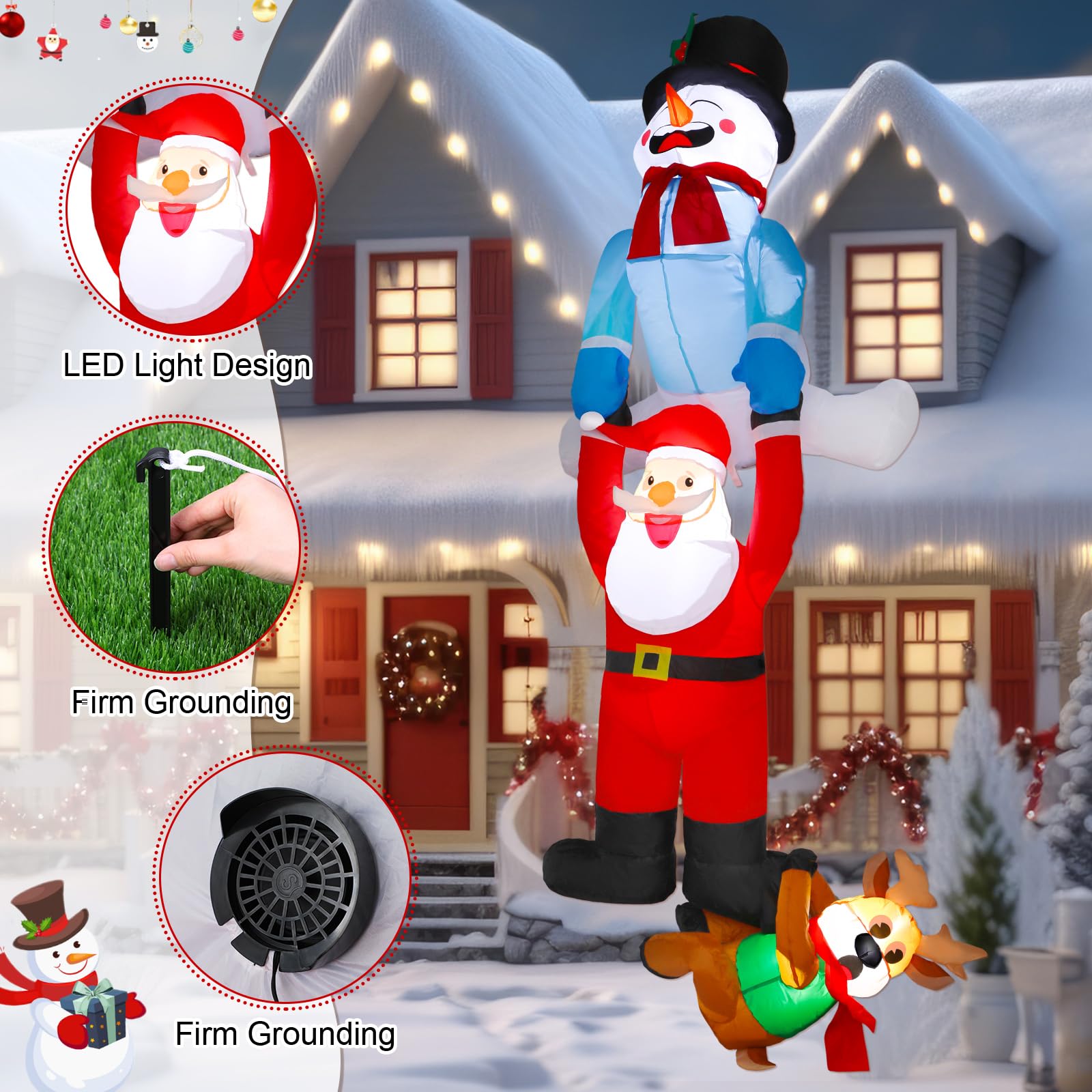Capoda Decoración inflable de Navidad de 8 pies, muñeco de nieve tirando de Papá Noel trepando y renos que caen al aire libre, decoración de patio de Navidad para jardín, techo de viga, decoración de