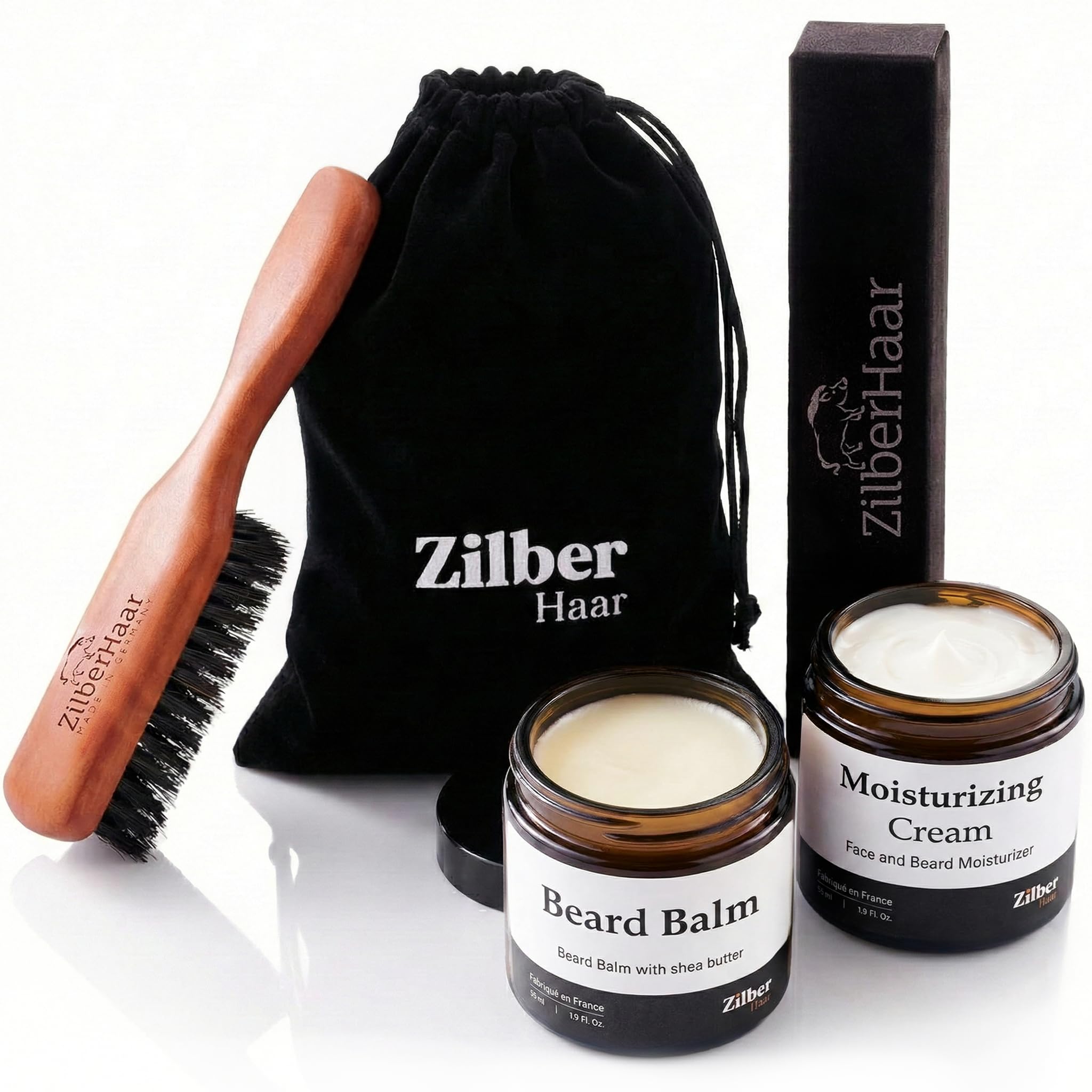 ZilberHaar - Kit de Soins pour Barbe Homme - 1 Brosse à Barbe Regular + 1 Baume à Barbe + 1 Crème Hydratante - Poils de Sanglier Rigides - Pochette en Velours