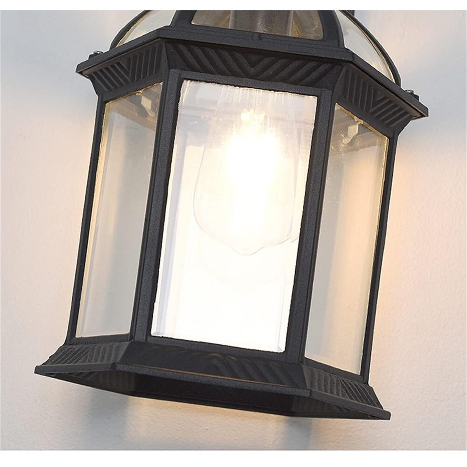 Zewnętrzna latarnia ścienna z przezroczystymi szklanymi panelami, wodoodporna czarna lampa ścienna, vintage lampa zewnętrzna na ganek, patio i ogród.