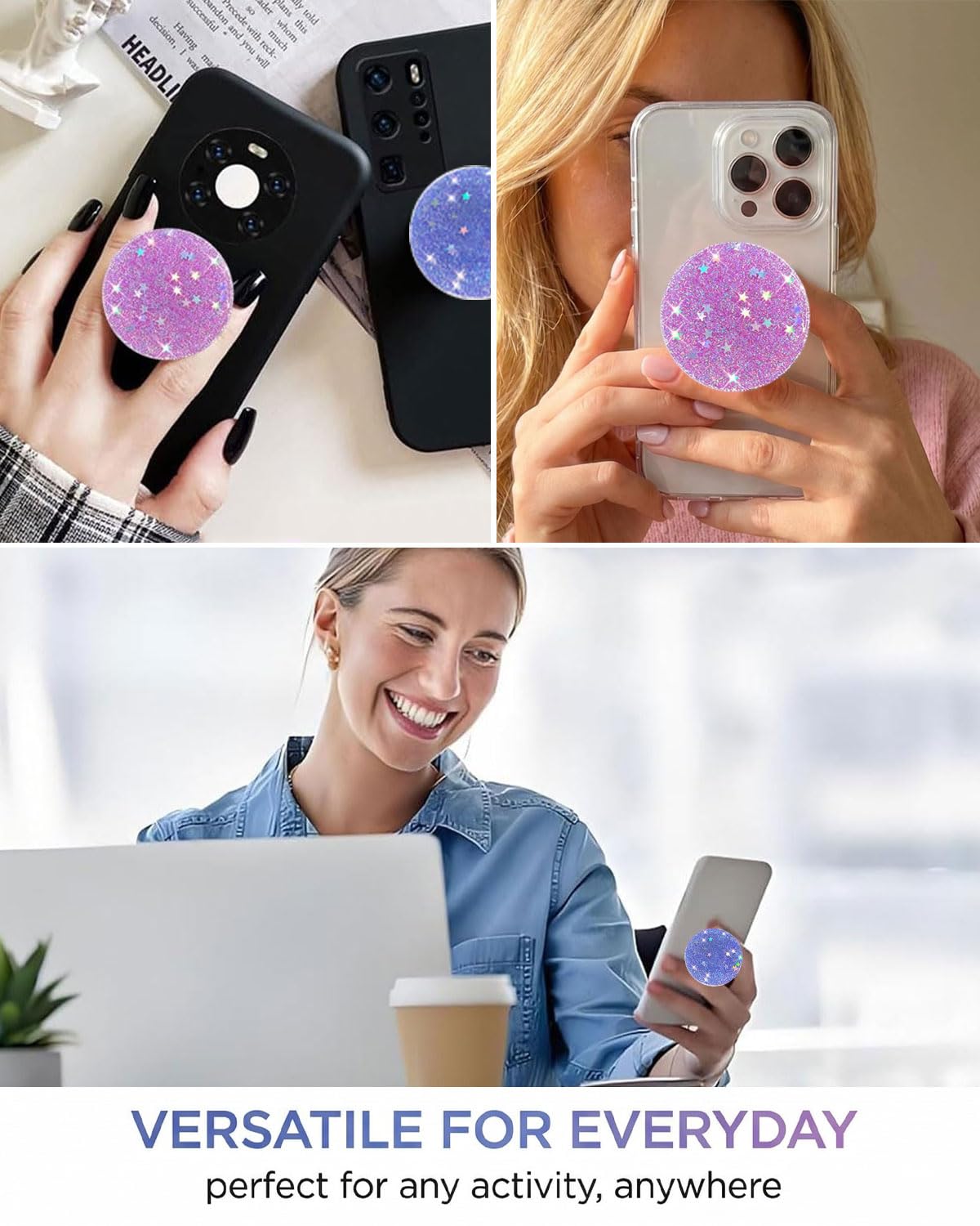 2 Pezzi Supporto Impugnatura Telefoni, Impugnatura Smartphone, Cellular Grip per Cellulare, presa sicura, comfort quotidiano per smartphone e tablet, pieghevole e retrattile,Viola/Blu