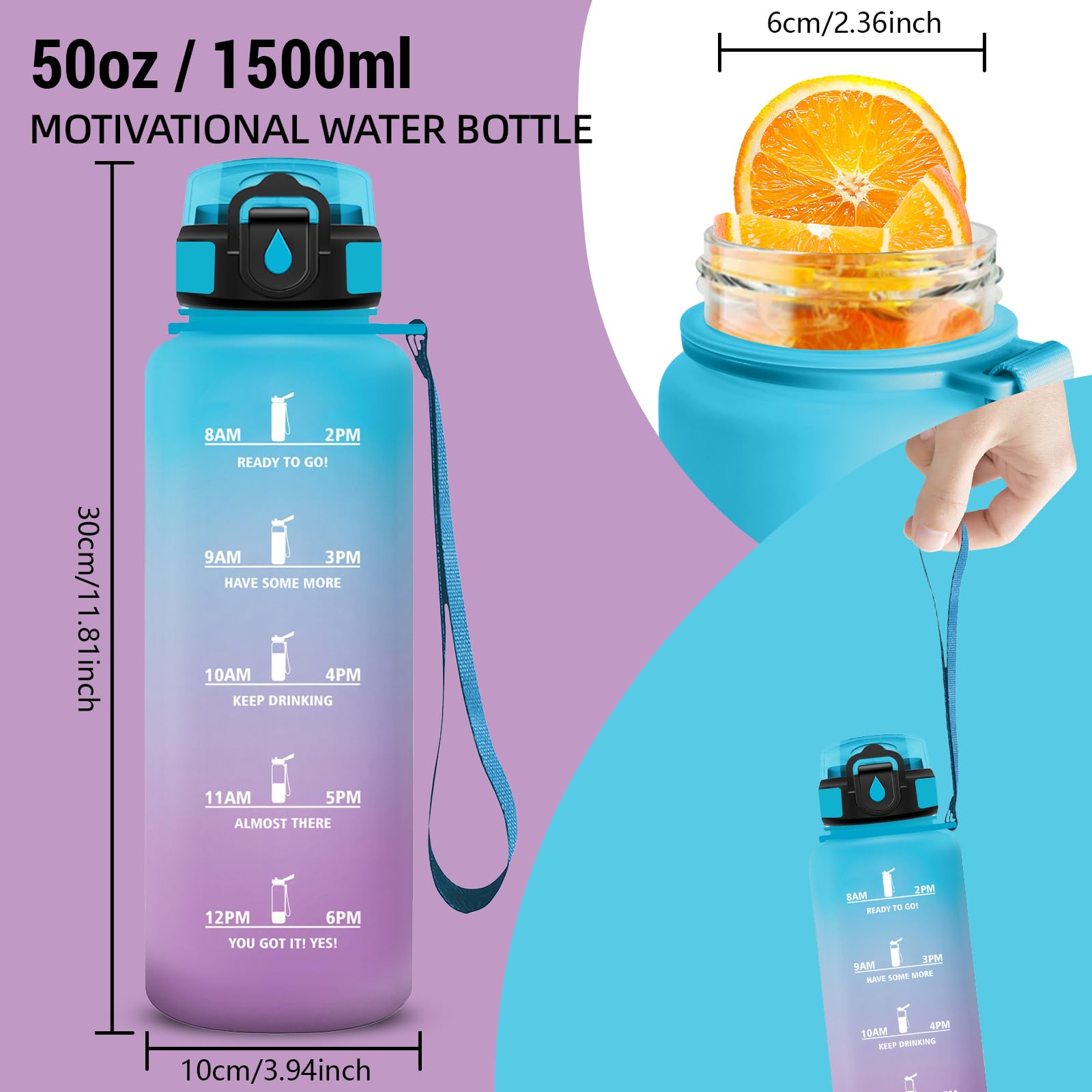Gourde 1,5L, Gourde Sport Anti-Fuite, Gourdes avec Paille, Facile à Nettoyer, Gourdes Reutilisable avec Slogan de Motivation, Bouteille d'eau pour Running, Vélo, Camping, Randonnée