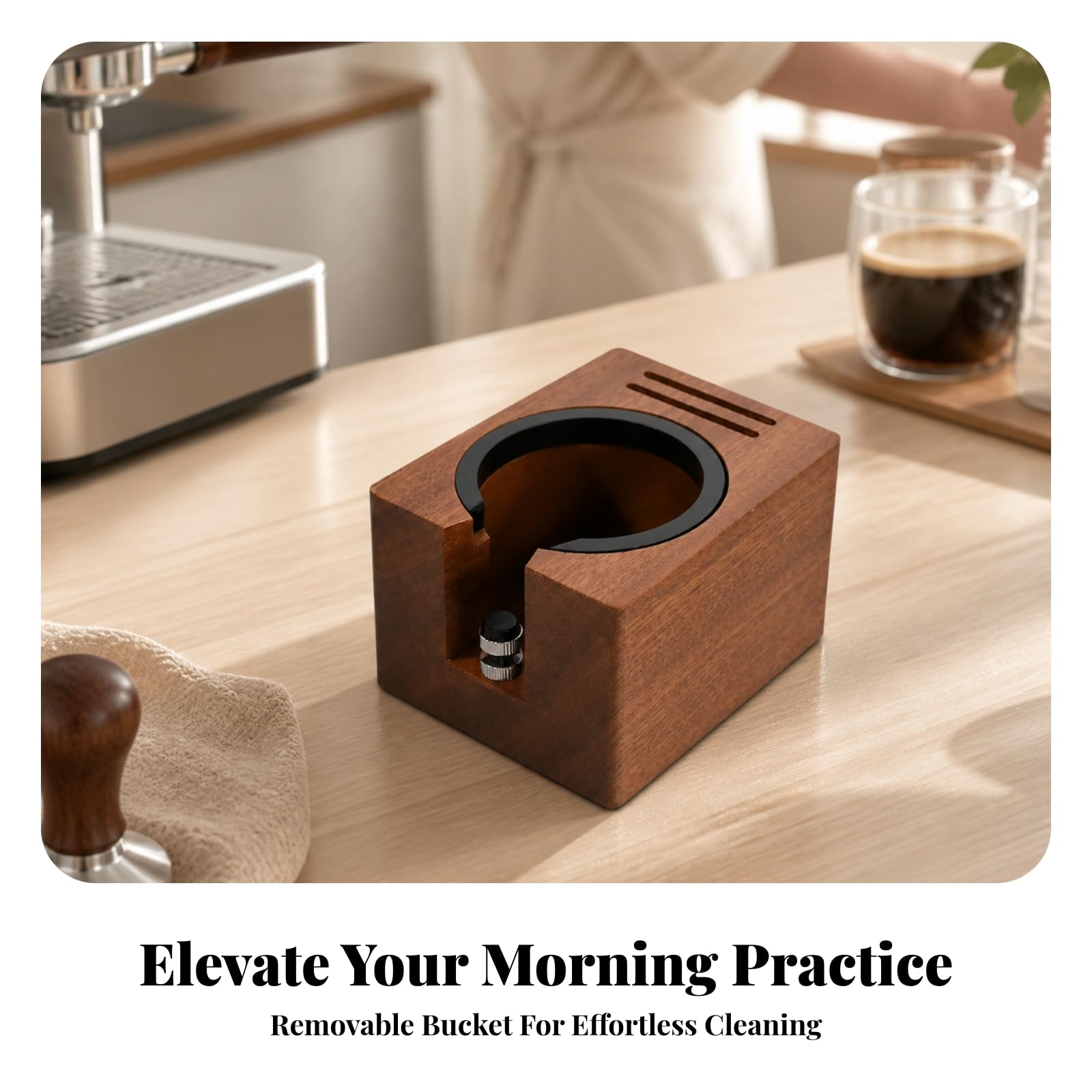 Base Tamper in Legno Regolabile Stazione di Pressatura Caffè Funzionale Organizer da Banco per Caffè Professionisti, Da 51 A 58mm, Con Secchiello Interno