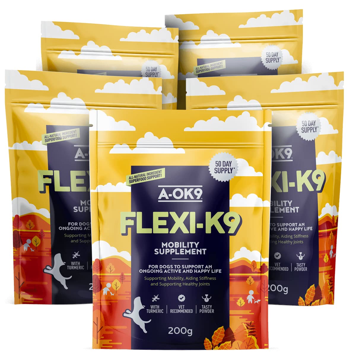 A-OK9 Flexi-K9 | 5x100g Multipack | Hip and Joint Supplement for Dogs | Supports Stiffness & Mobility Care | Natural Ingredients & Superfoods | Mix with Dog Food | All Ages & Breeds | Absolute Dogs
