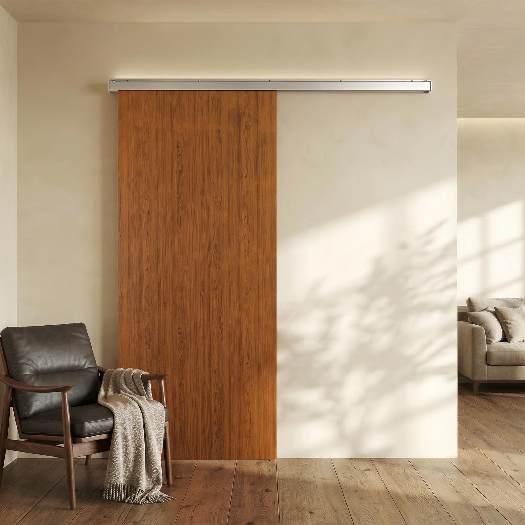 HOMCOM Puerta Corredera con Herrajes 90x210 cm, Puerta Corredera Interior con Rodillo, Riel de Aluminio, Guía de Suelo, para Baño, Salón, Sala de Estar, Marrón