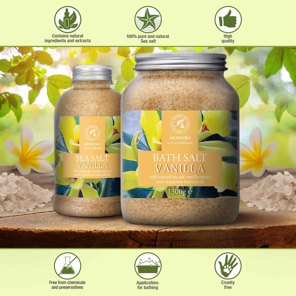 Sal de Baño Vainilla 1300g - Sales de Baño Marinas con Extracto de Vainilla y Aceite Esencial de Canela - Relajación - Belleza - Baños - Cuidado Corporal