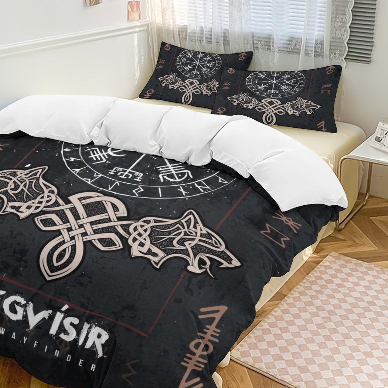 LDZDGD Viking Duvet Cover Queen, Norse Totem Symbols Pattern Quilt Cover, Farmhouse Rustic Bedding Comforter Sets (Color : Valkyrie, Size : 229 x 229CM): 229 x 229CM Viking Compass