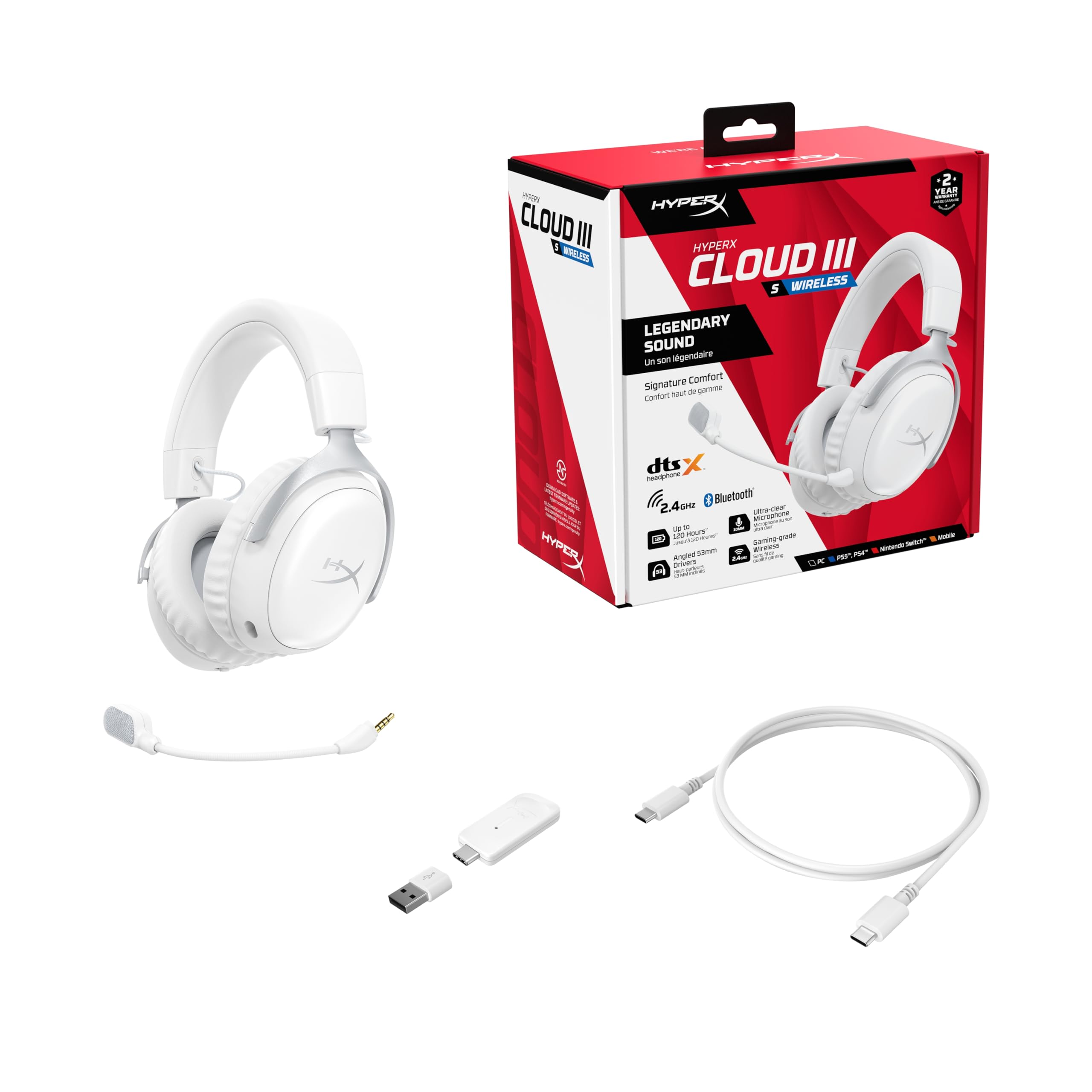 HyperX Cloud III S, Casque Gaming sans Fil, Bluetooth/2,4 GHz, PC/PS5/Xbox, jusqu'à 200h de Batterie, transducteurs 53 mm, DTS, Micro 10 mm, Blanc