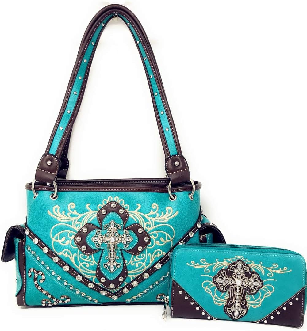 Western Embroidered Rhinestone Cross Purse Handbag Wallet Set in 2 Colors