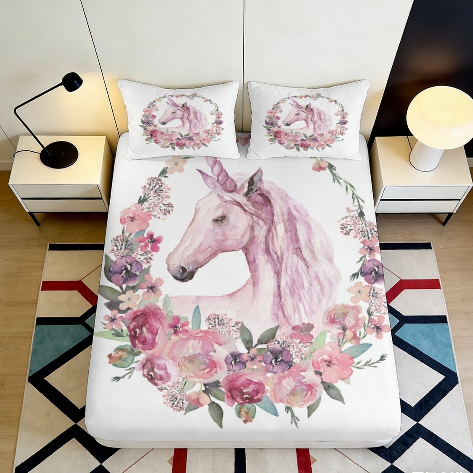 3D Printed Unicorn Floral Fitted Sheet Microfiber Soft Breathable Bed Cover with 3D Printed Unicorn Wreath Mattress Cover for Bedroom Dormitory Guest Room 140x200x25cm