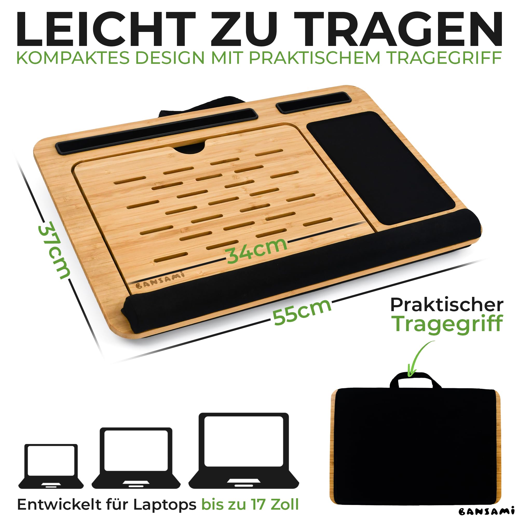 Knietablett Mit Kissen Aus Bambus, Verstellbare Laptop Unterlage Mit Handyhalter Und Mousepad, Laptop Unterlage Schoß Mit Handauflage, Lap Desk Laptopkissen Lapdesk Notebook