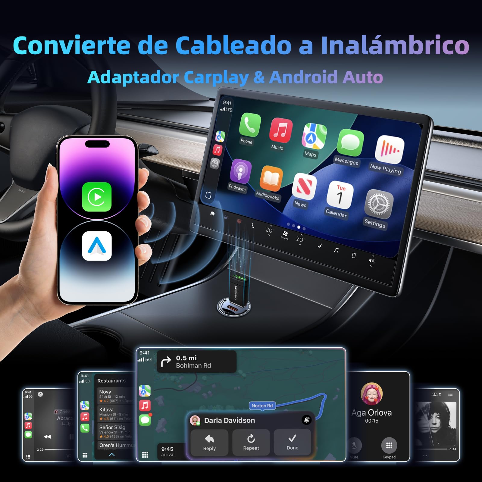 LINGHUANG Adaptador Carplay Inalambrico & Mini Adaptador Android Auto Inalambrico, Convierte de Cableado a Inalámbrico, Plug & Play, Conexión Rápida y Estable, Compatible con iOS 10+ & Android 11+