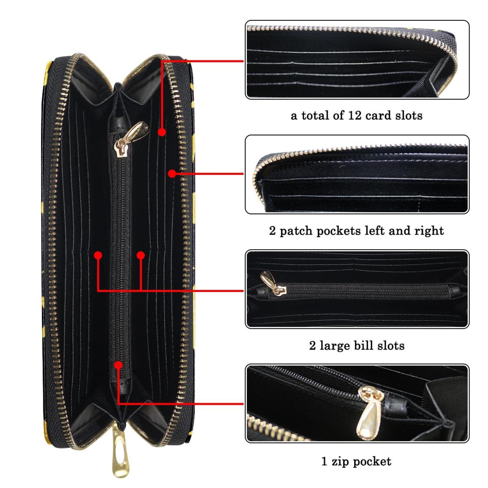 Cartera larga de piel con cremallera y fondo negro con estrellas, Varios colores, 20.5x2.5x11.5cm/8.07x1x4.53 in, Classic