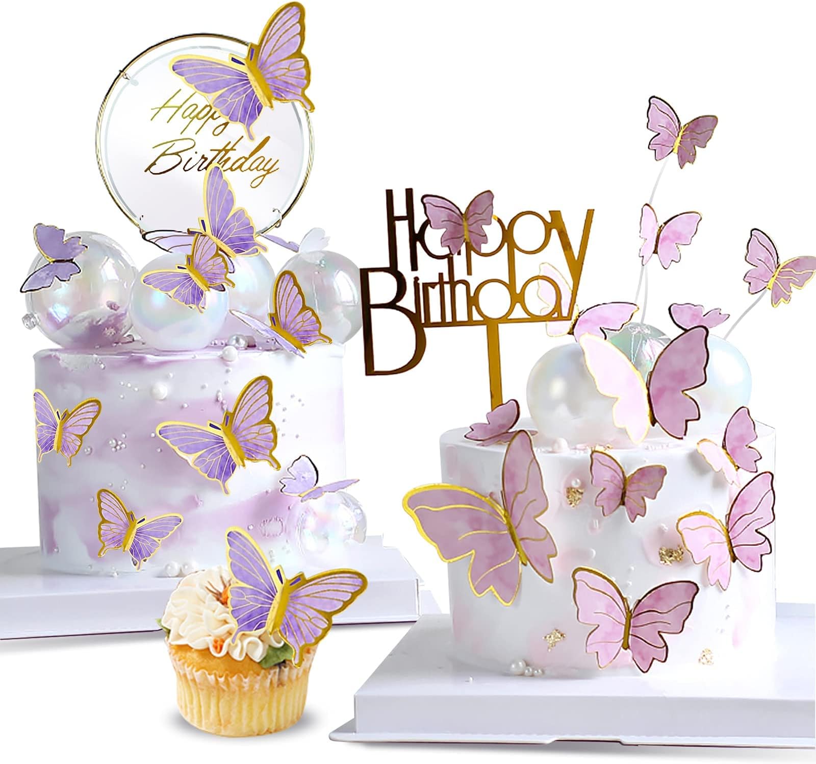 22-Pieces Purple & Pink Butterfly Cake Decorations With Happy Birthday Acrylic Cake Toppers for Baby Shower Wedding Birthday Party Decor (Purple & Pink)