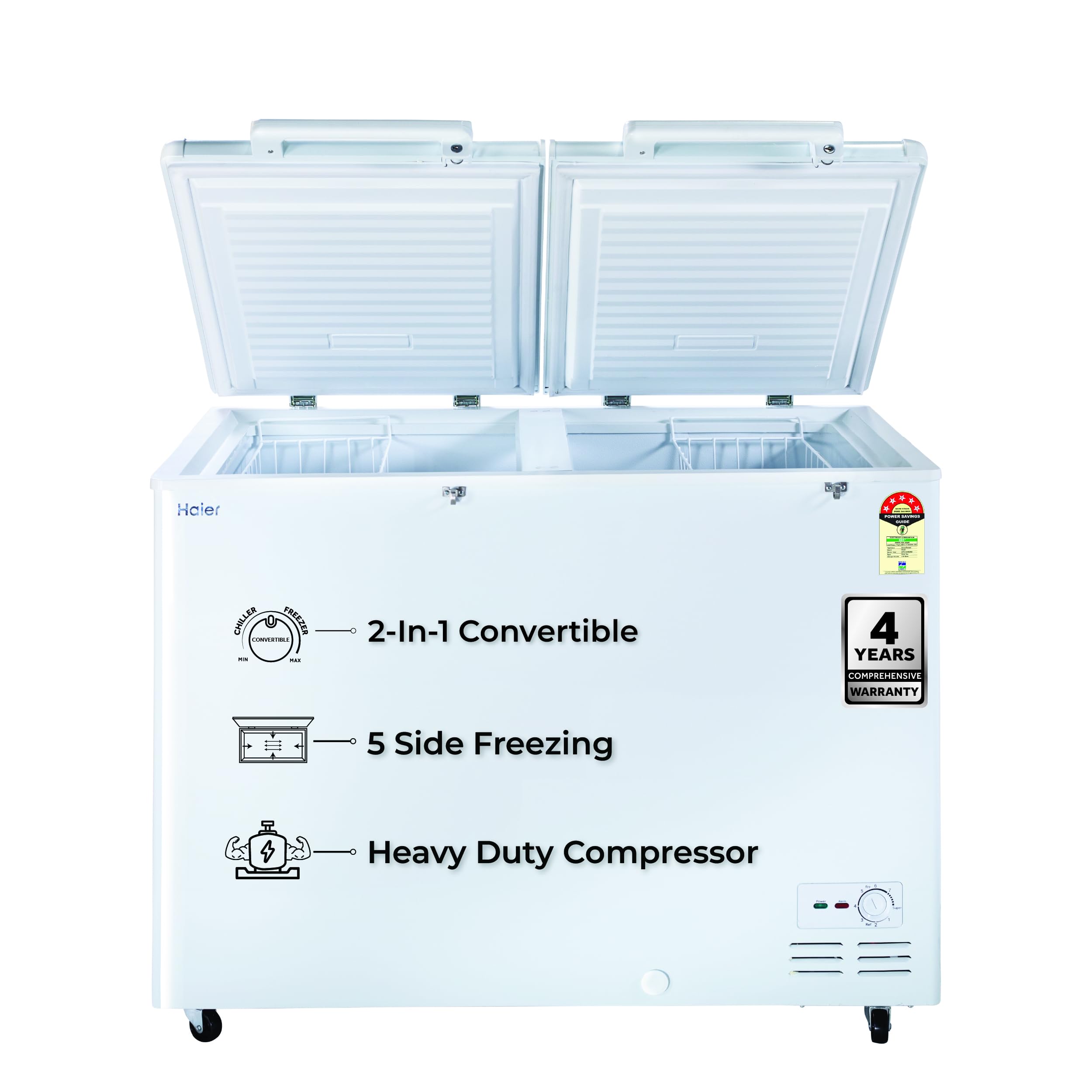 Haier HFC-320DM5, 5 Star Rating Double Door Convertible Deep Freezer, 5 Side Uniform Freezing, Heavy Duty Compressor, inside metal liner with 3 Layer Door Design (White)
