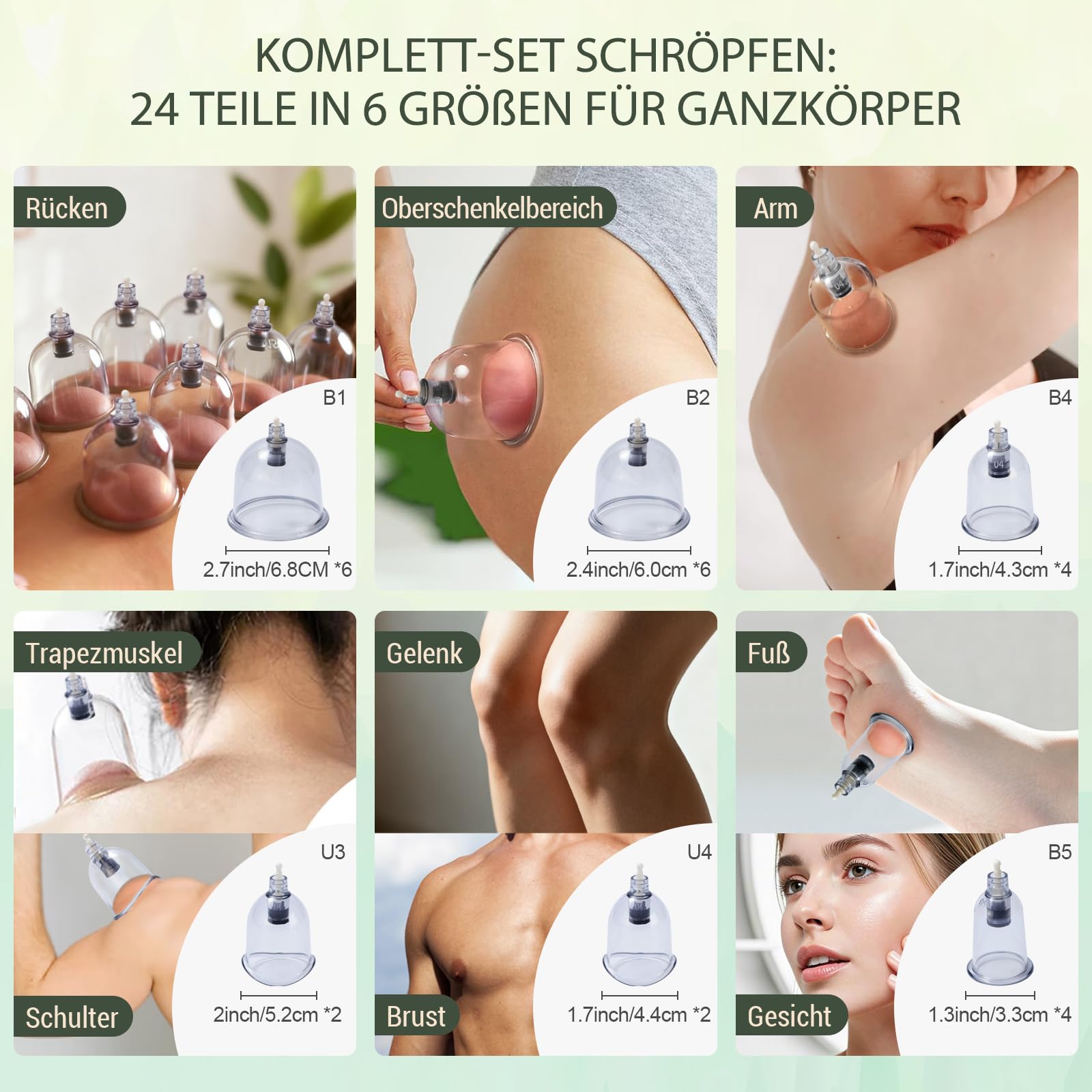 24PC Ventouse Hijama - Appareil de Massage pour Drainage Lymphatique, Anti-Âge et Éclat de la Peau, Ventouses Anti-Cellulite - Soulagement Musculaire & Détente, Ventouses à Pompe pour Jambes & Corps
