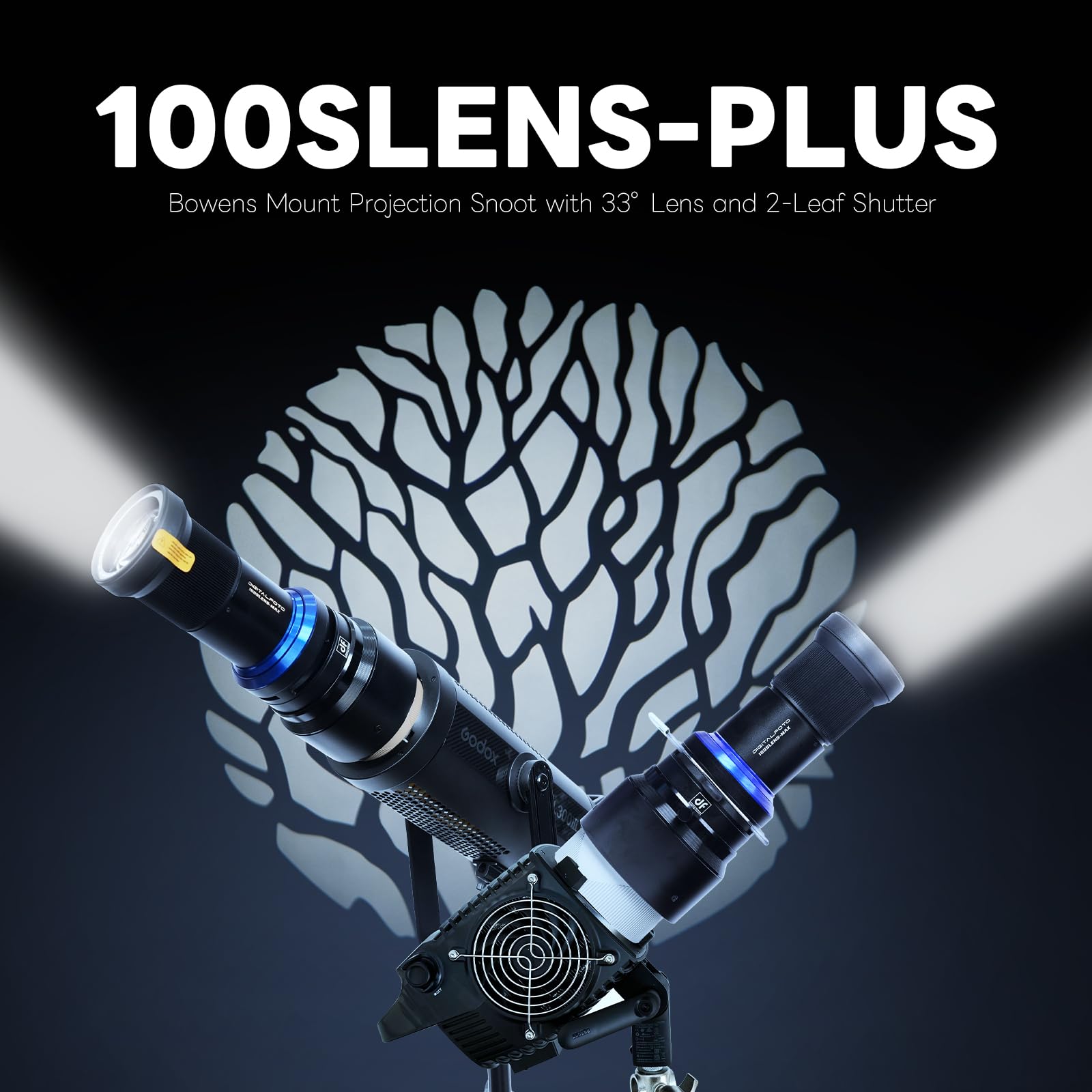Spotlight Snoot Ottico Bowens 100SLENS-PLUS per Aputure Amaran 60D/100D/150C/300C, 600X Pro, Godox SL60 – 33° Grandangolo / 16° Tele, LED 300W, 20 Gobos e 5 Filtri