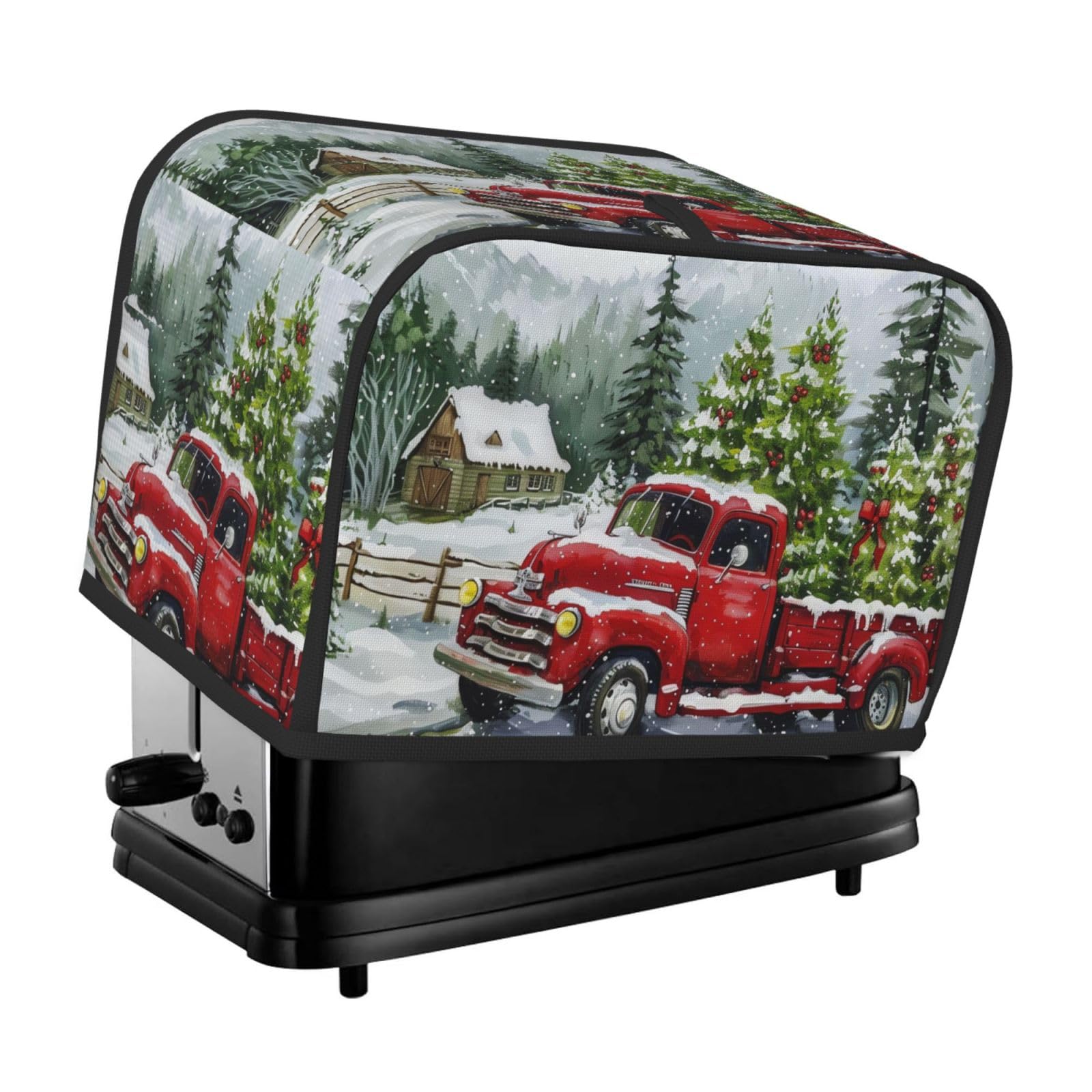 Watercolor Christmas Red Truck Toaster Cover 2 Slice,Cute RuralBread Machine Cover, Washable Toaster Kitchen Small Appliance Cover Stain Resistant,with Top Handle