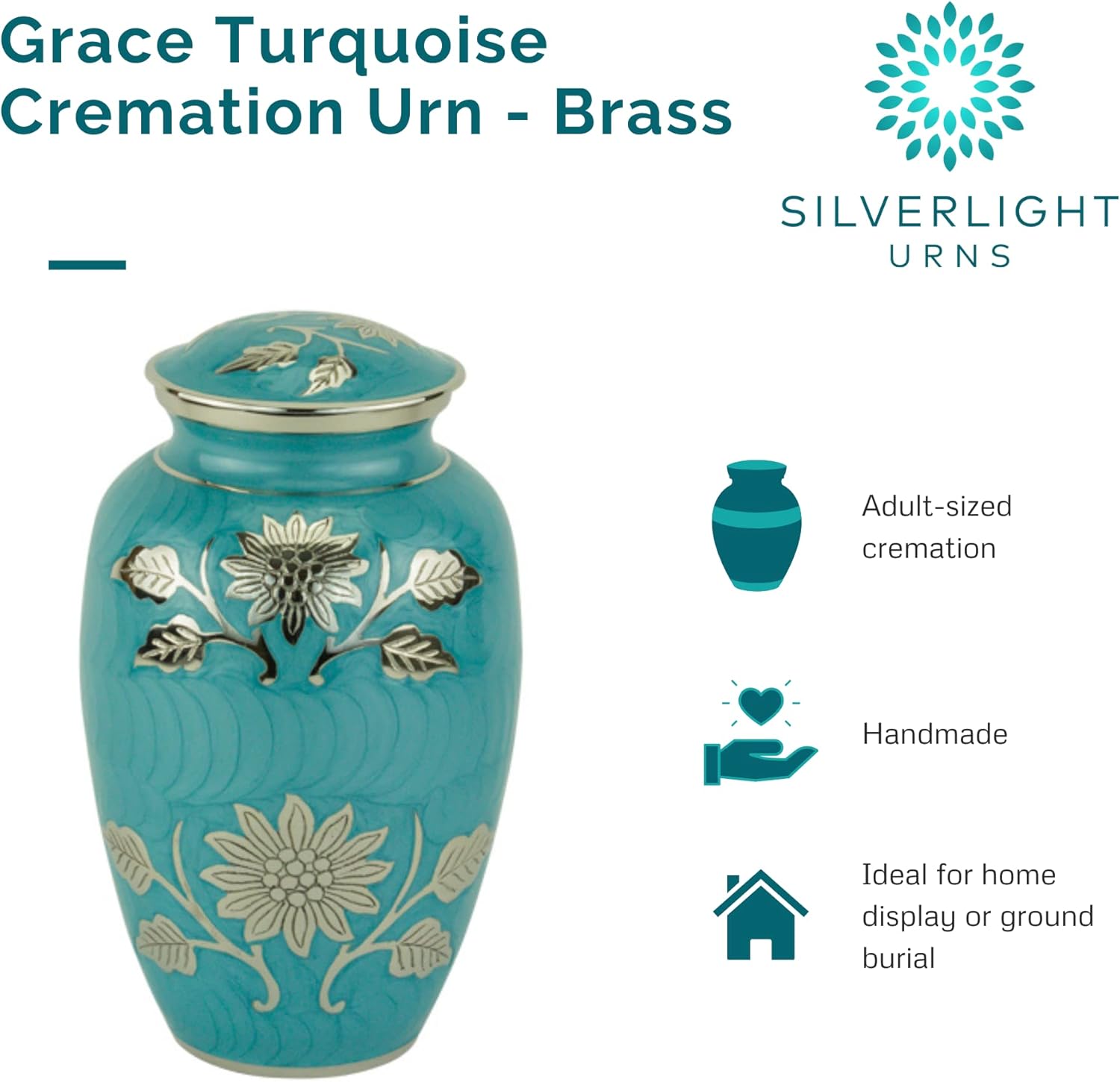 Custom Engraved Grace Turquoise Cremation Urn for Ashes, Brass, Blue Green Urn, Adult Sized Cremation Urn, 10.25 Inches High