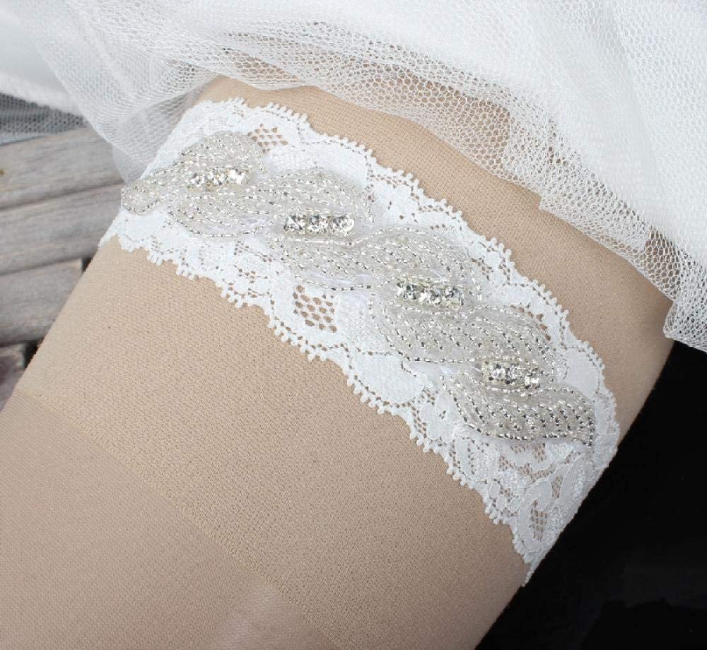 Jarretière en dentelle de ruban de satin, accessoires de robe de mariée en dentelle extensible porte-jarretelles avec boucle de jambe-Blanc 5pcs_XXL, Jarretière de mariage en dentelle florale (Blanc