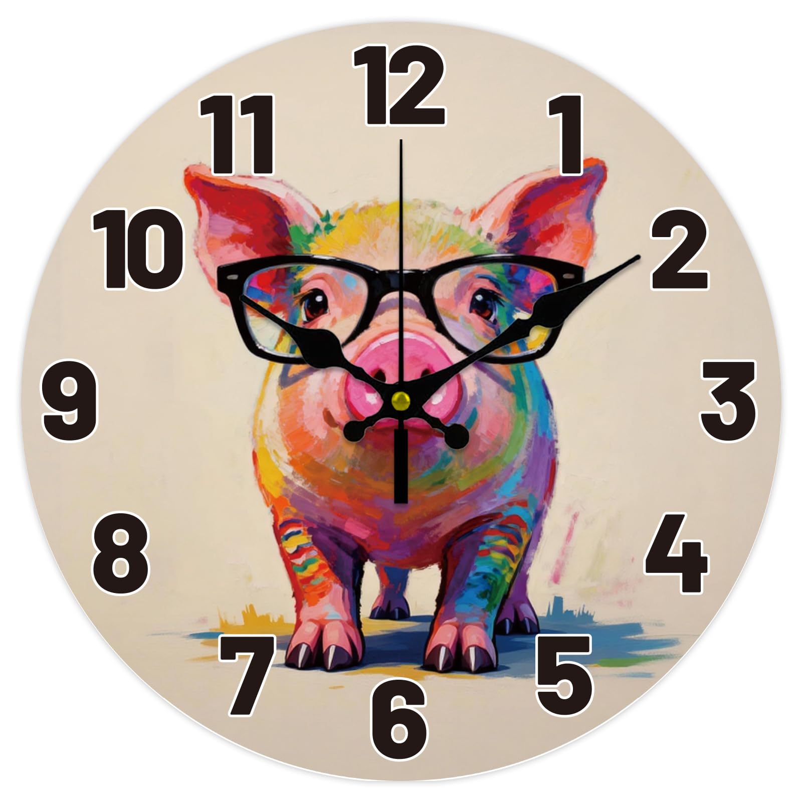 CONCHLERY Colorful Cartoon Pig Pattern Wall Clock 12 Inch Non-Ticking Clocks Round Wall Hanging Clock for Bedroom Living Room Kitchen Office