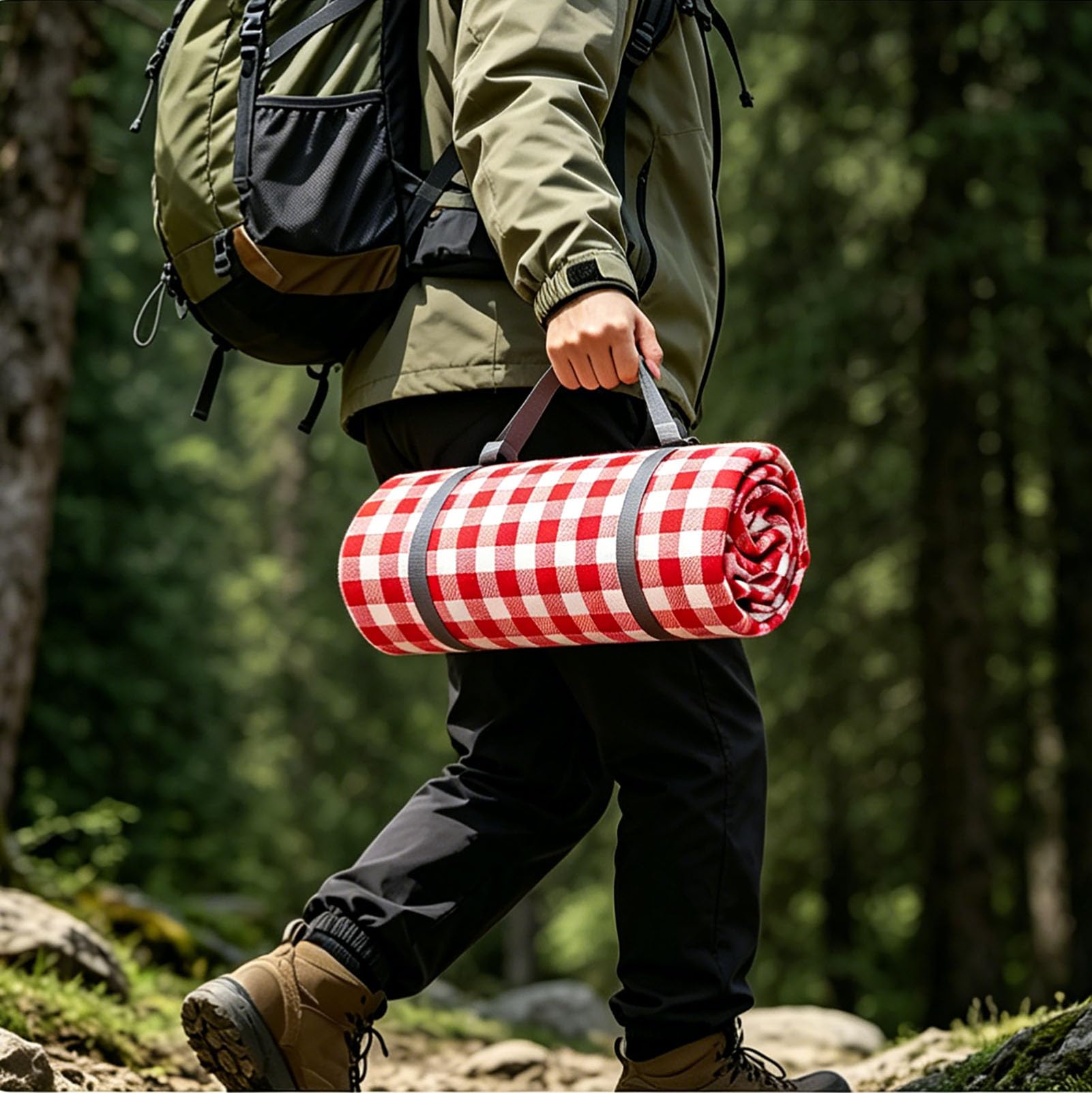 Grande Telo da Picnic Impermeabile Antiscivolo Lavabile in Lavatrice Pieghevole e Portatile, Coperta da Picnic con Manici, per Famiglie e Amici, Campeggio e Viaggi,Blue Grid,200×200cm