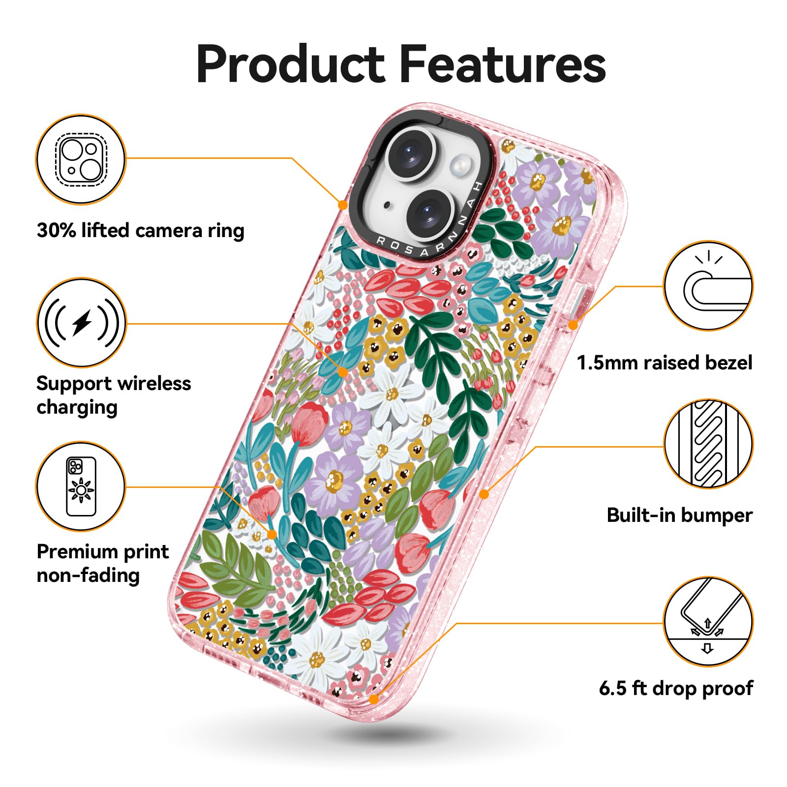 Rosarnnah for iPhone 14 Pro Case Cute - Durable Shockproof 6.6 ft Drop Impact Phone Case - Funny Skeleton Design (6.1") Glitter Pink: iPhone 13 Basic Case Gorgeous Floral