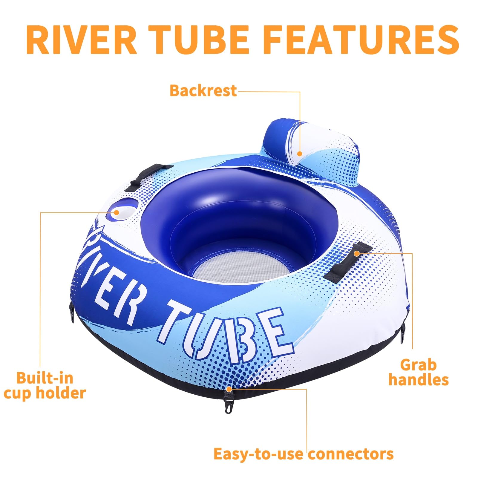 WERNNSAI Tube de rivière robuste de 132,1 cm avec housse en toile, grands flotteurs de piscine, tubes d'eau gonflables hexagonaux pour adultes, chaise longue avec porte-gobelets, dossier et poignées