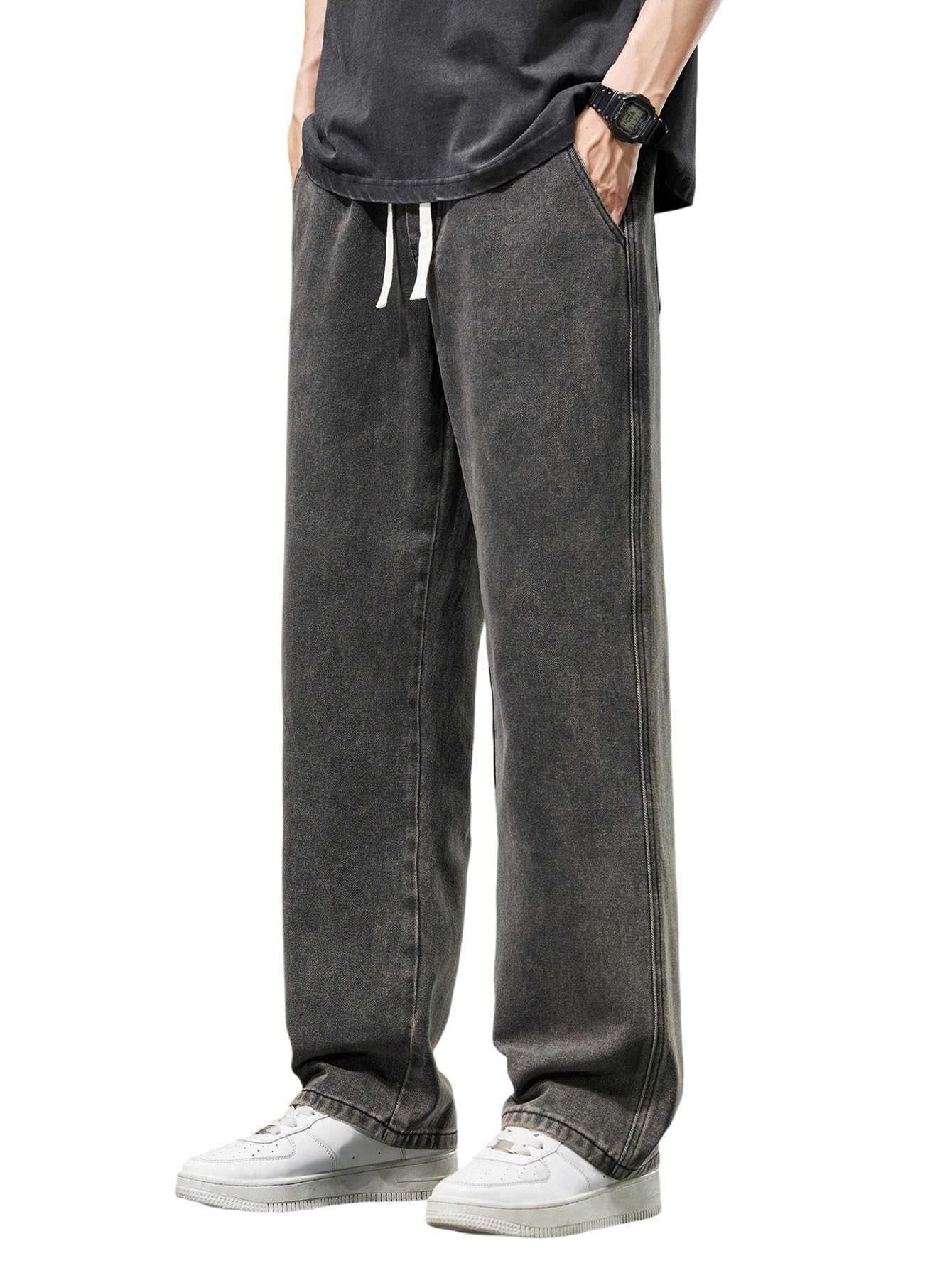 Pantalones vaqueros para hombre con cintura elástica y cordón, piernas holgadas rectas, denim ligero extremadamente suelto