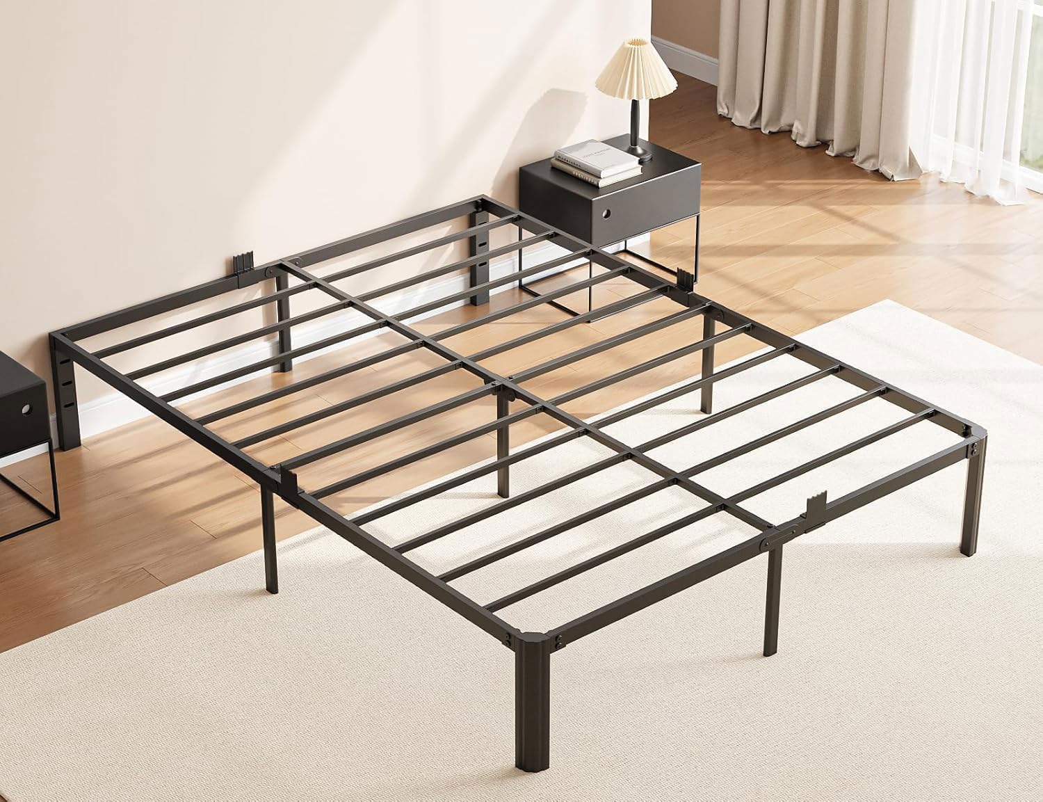 14 Inch Metal Bed Frame Queen Size, Heavy Duty Balck Platform Queen Size Bed Frame with Round Corner Legs, Mattress Slide Stopper, No Box Spring Needed, Easy Assembly