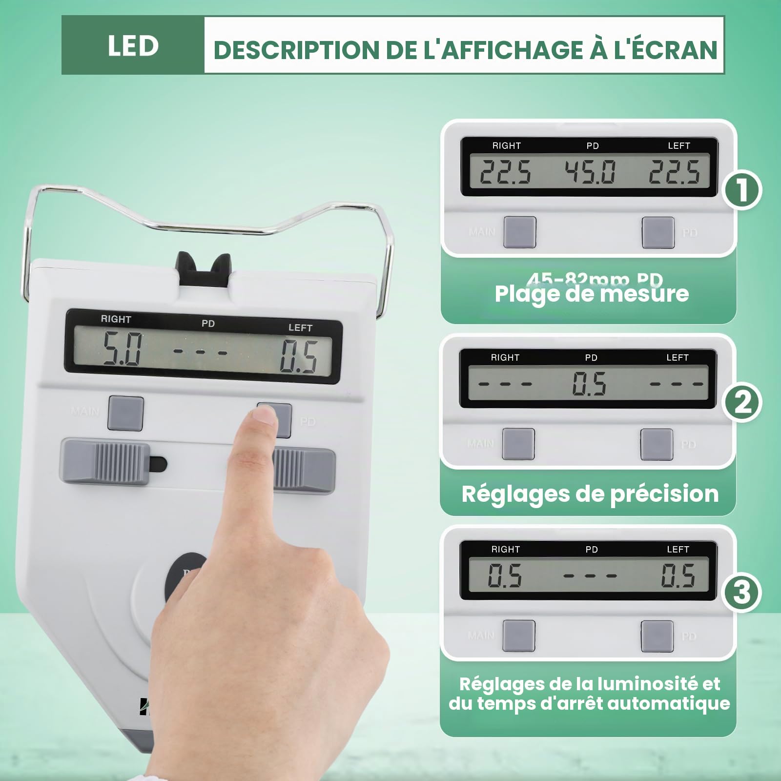 Huanyu Pupillomètre Numérique Optique PD Meter 45-82mm Mesureur de Distance Pupillaire Mesure des Pupilles avec Affichage LCD Précision 0.1-0.5mm Optométrie pour École Hôpital Outil Optique(LY-9A)