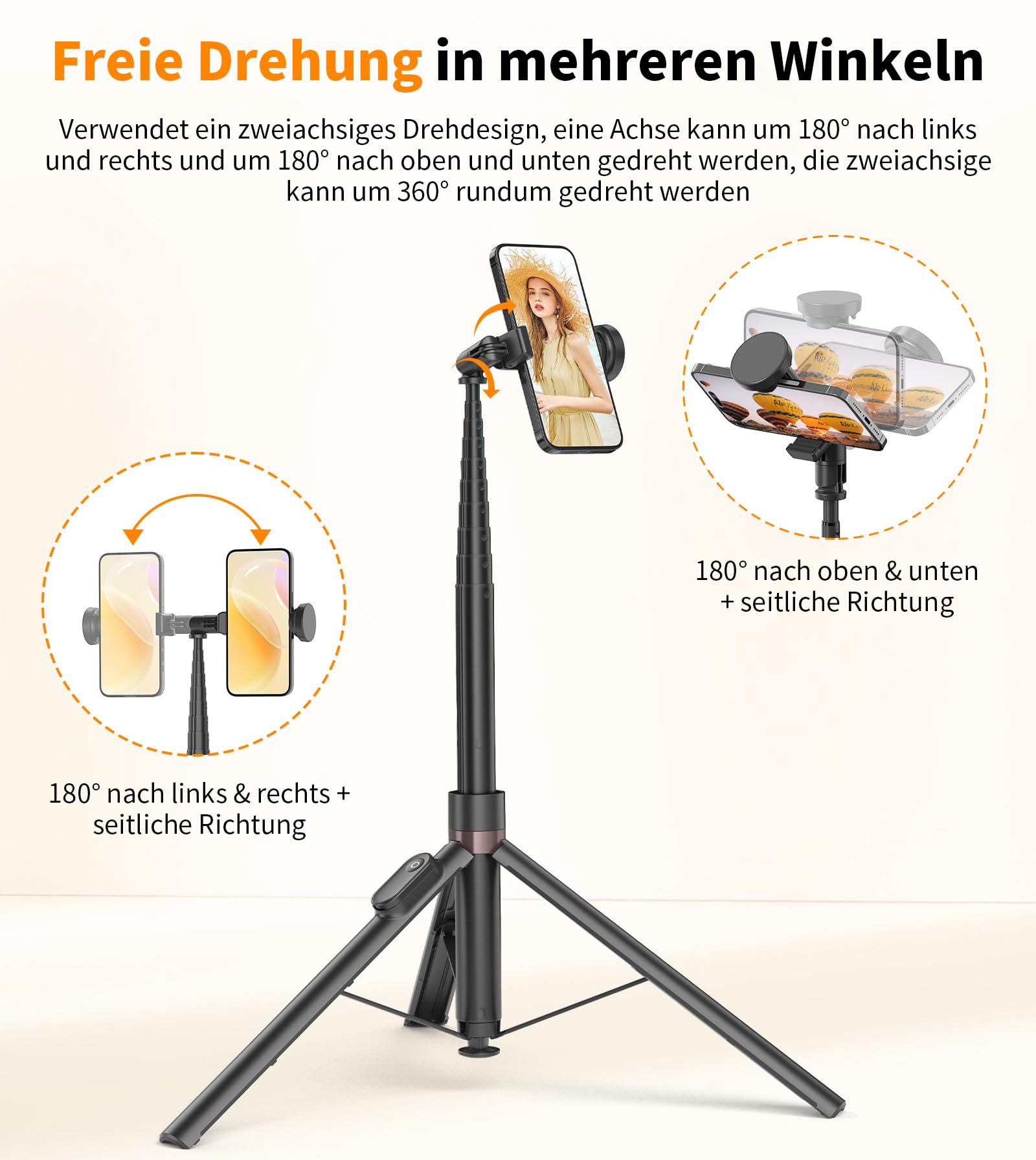 TONEOF 168cm Automatisches Selfie Stick Handy Stativ, Handy Halterung mit Magnetischer Wiederaufladbarer Fernbedienung,360° Drehbar Stativköpfe Ständer mit 2 Rotationsachsen für iPhone/Android–Schwarz