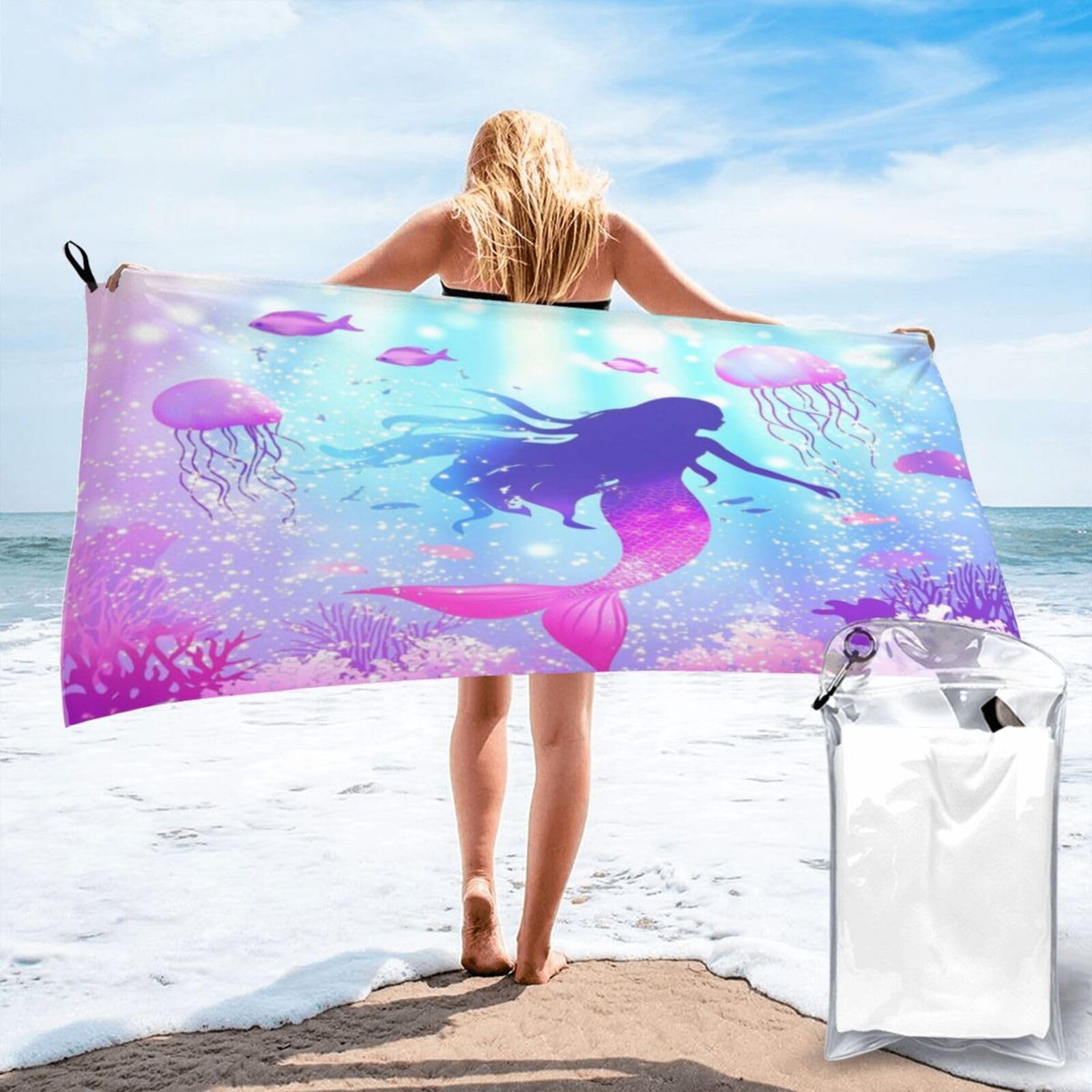 Anceky Digital Underwater Mermaid Silhouette Scene Quick Dry Microfiber Travel Towel with Carry Case and Carabiner 27.5"X55"