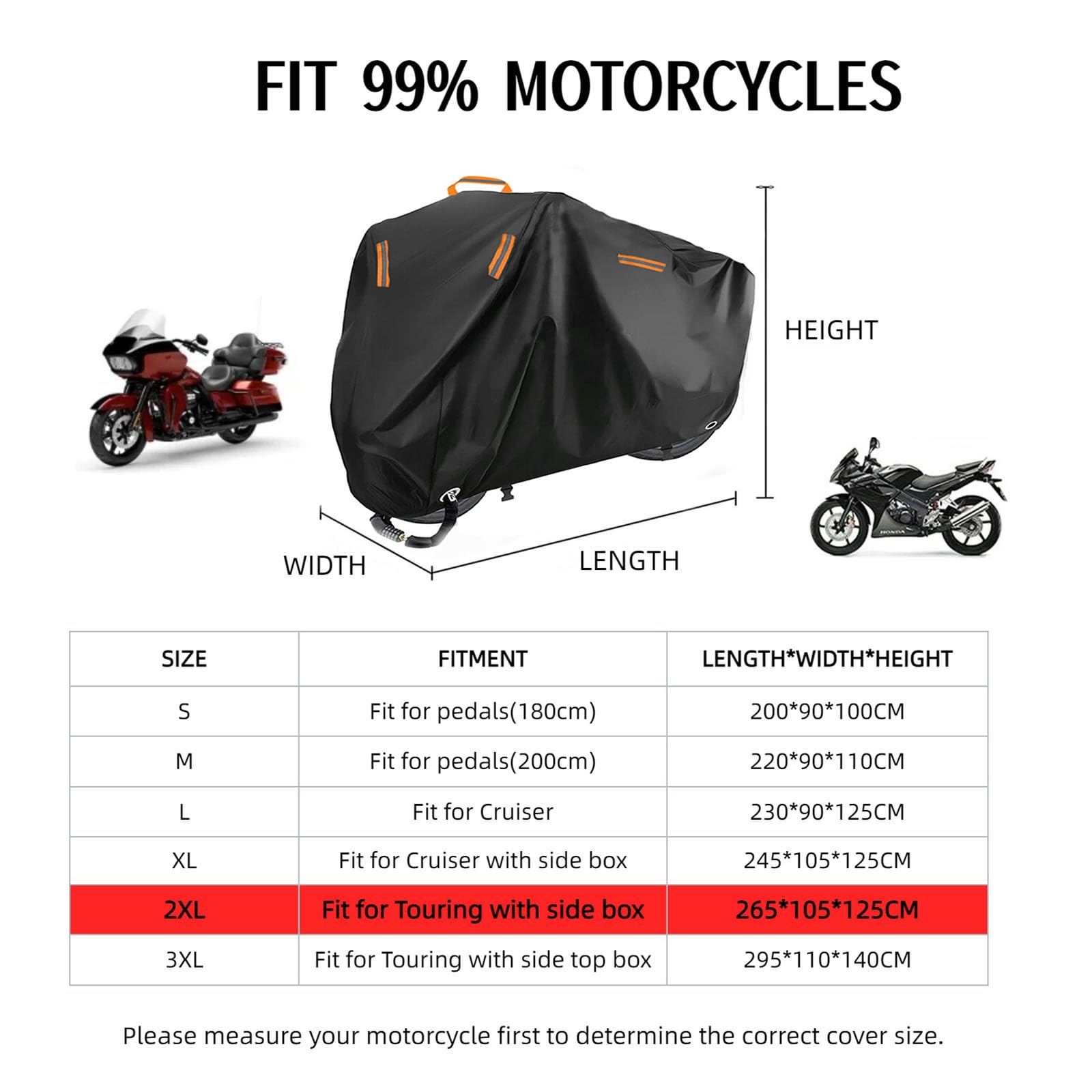 Wodoodporny pokrowiec na motocykl, wytrzymały pokrowiec na pojazd motocyklowy Powersports, całoroczna ochrona z wiatroszczelnymi paskami i paskami odblaskowymi