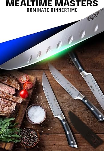 Vista 20 de Dalstrong Juego de cuchillos para carne, 4 piezas de 5 pulgadas de hoja recta, serie Gladiator, acero alemán forjado de alto carbono, con vainas