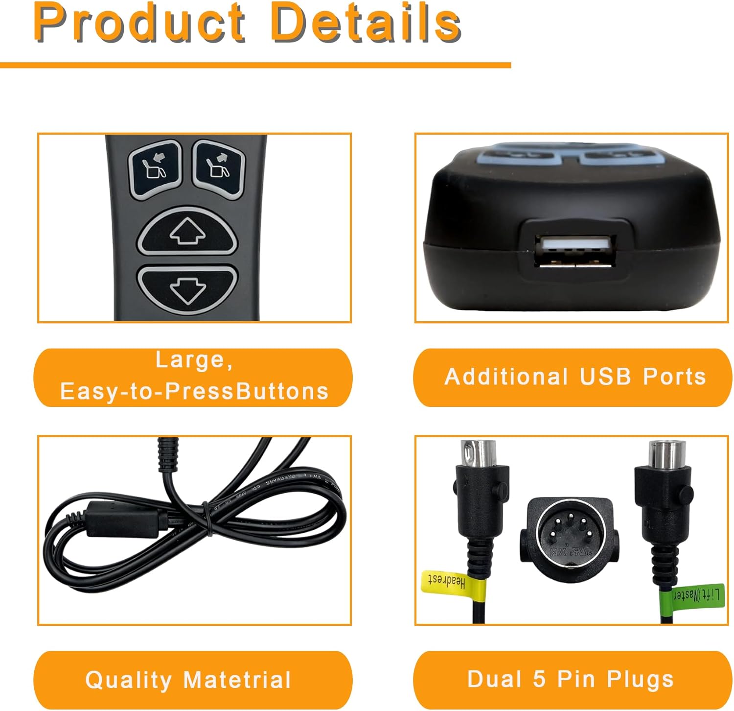 4 Button Dual 5 Pin Lift Chair Prong Hand Control Remote Replaces HSW304 Controller Hand Control with USB Charging and Backlight Replacement for Power Recliner