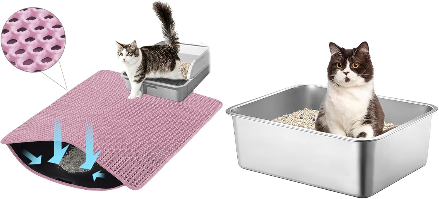 Cat Litter Box and Mat Bundle, 17.7"x13.8"x6" Stainless Steel High Sided Litter Box, 24"x18" Pink Double Layer Honeycomb Waterproof Mat, Mess Free Cat Supplies Set