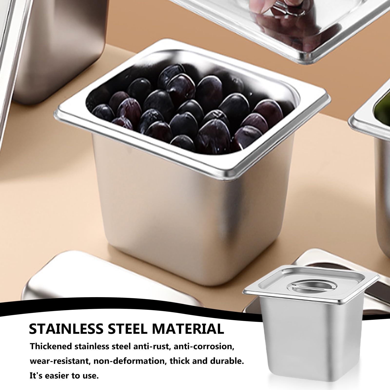 GOMETY 3 contenitori in acciaio inox 1/6 con coperchio, 17,6 x 16,2 x 10 cm, profondità padelle per hotel, altezza 100 mm, contenitore per alimenti, impilabile, contenitore per alimenti resistente al