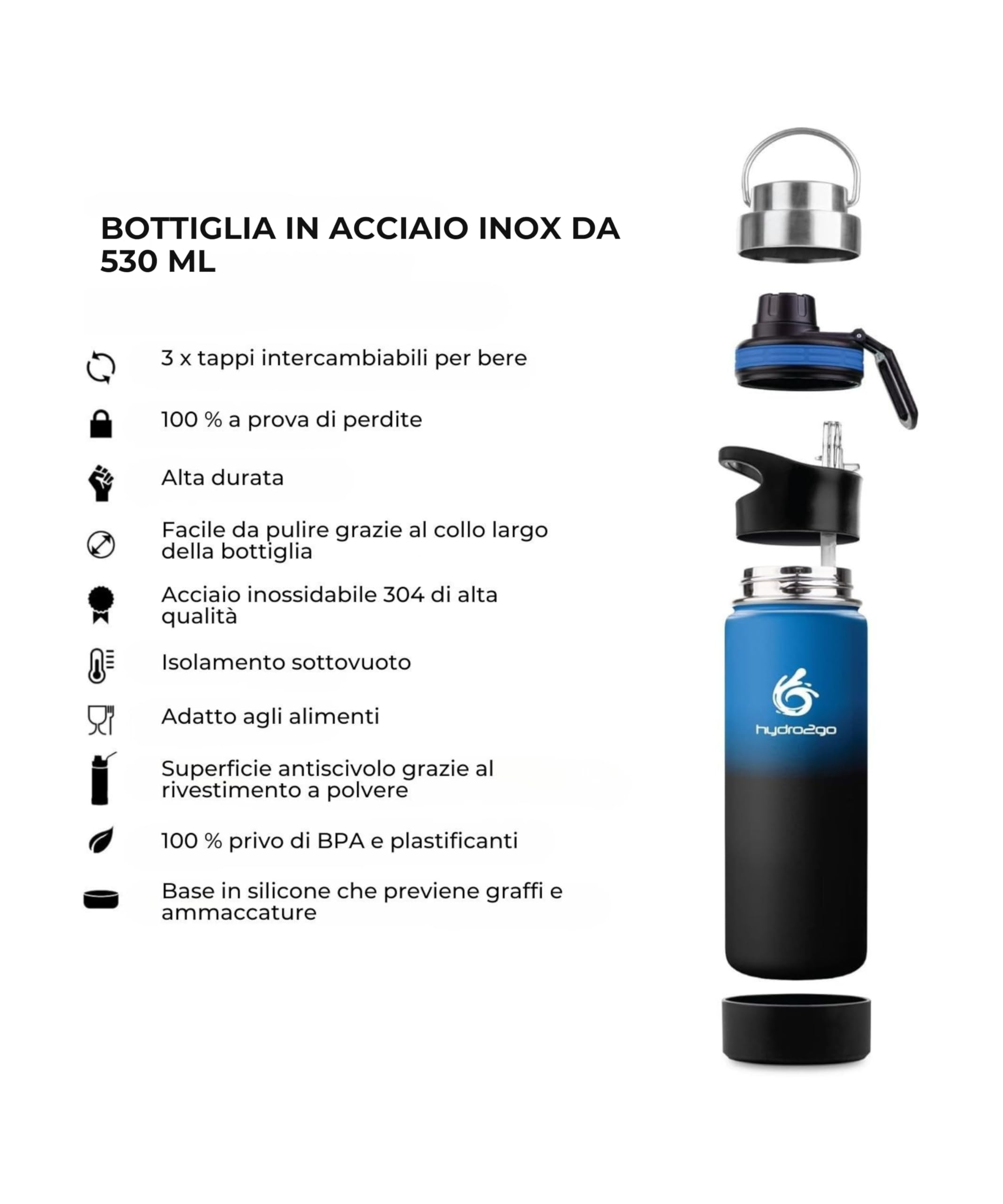 Hydro2Go Borraccia con Cannuccia Acciaio Inox – Termica, Senza BPA per Bambini, Scuola & Sport – 12h Calde / 24h Fredde – 3 Tappi, 530ml (Space)