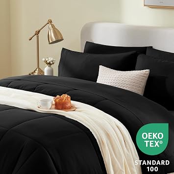 CozyLux Queen Comforter Set - Black and White 7 Pieces Bed in a Bag Set, Bedding Sets Queen with All Season Quilted Comforter, Flat Sheet, Fitted Sheet, Pillowcases, Black, Queen