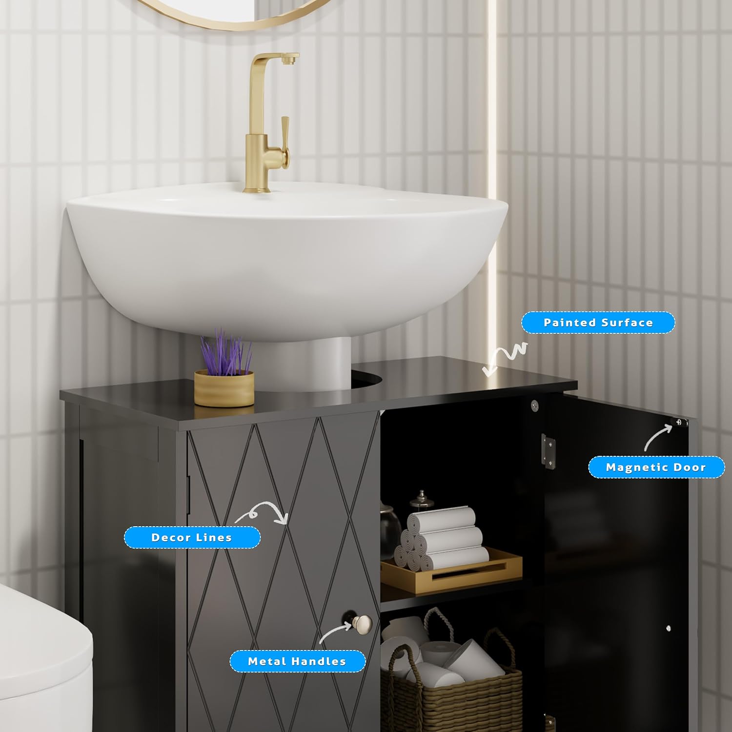 eclife Bathroom Pedestal Sink Storage Cabinet with Modern Linear Design, Small Under Sink Bathroom Vanity with U-Shape Cut-Out, Space Saver, Black