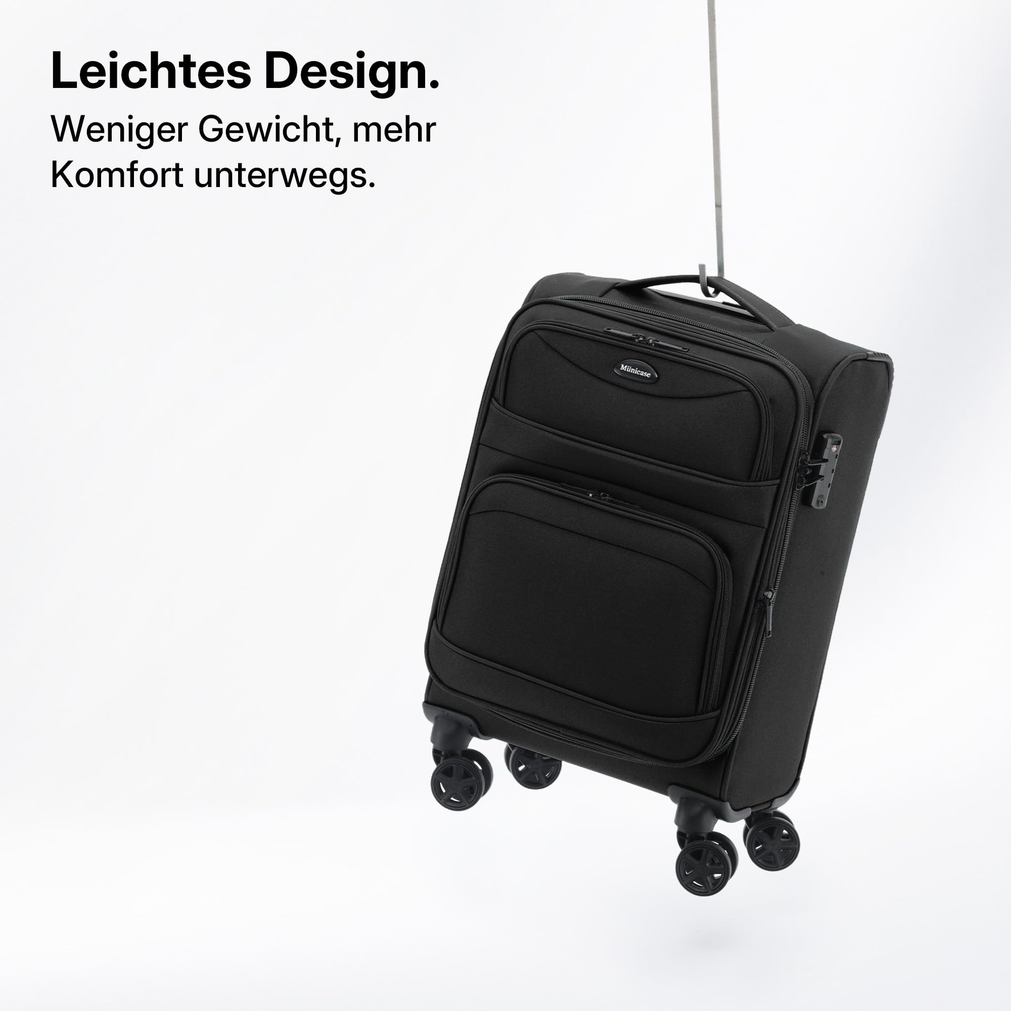 Münicase Stoffkoffer erweiterbar mit Frontfächern,15% Extra-Volumen, TSA-Schloss, 360° Doppelrollen & verdecktem Namensschild (Schwarz, Koffer M (55 cm) erweiterbar)