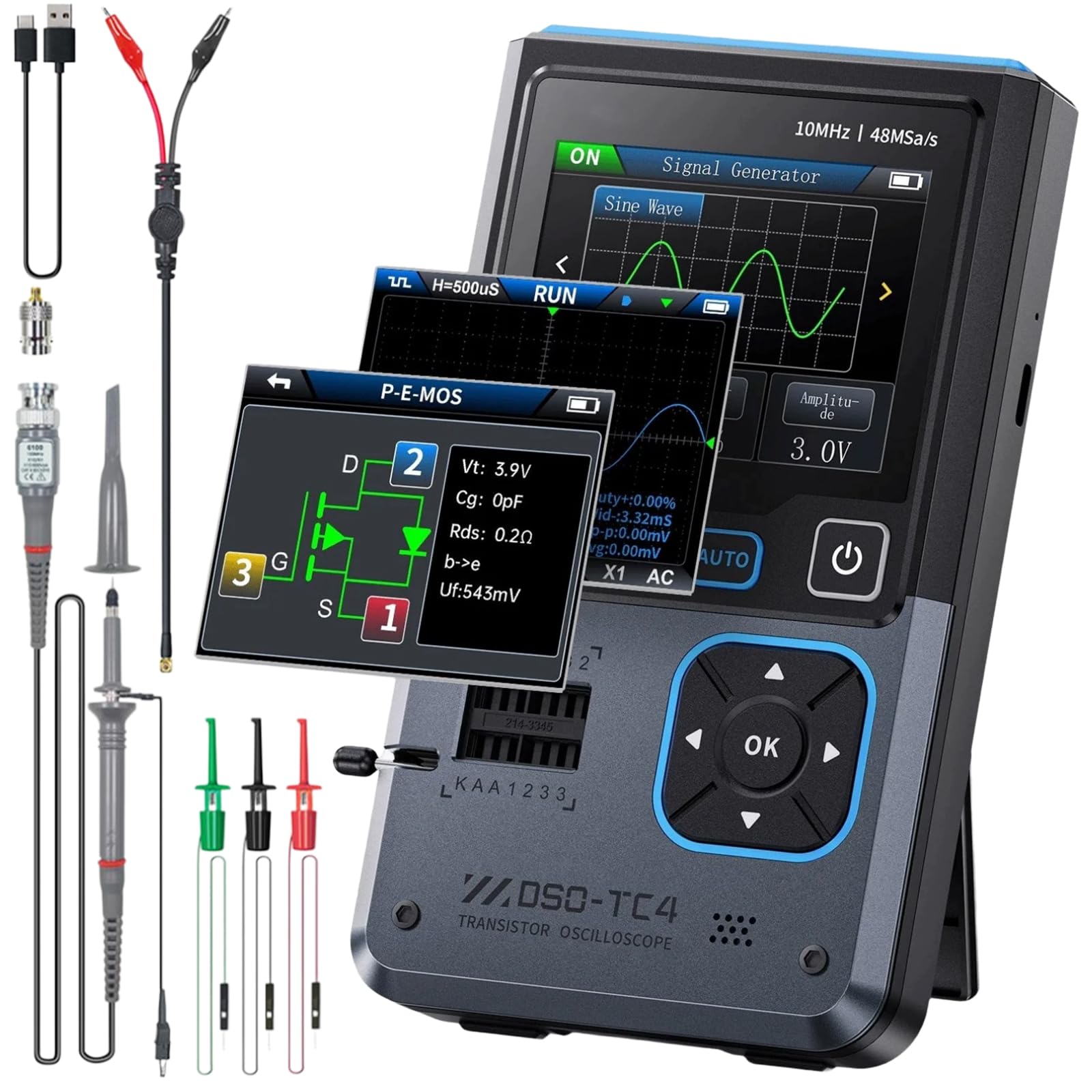Osciloscopio DSO-TC4, Osciloscopio portátil 3 en 1, Probador de transistores, Generador de señales, Ancho de banda de 10 MHz, Frecuencia de muestreo de 48 MSa/s, Multímetro con pantalla TFT de 2,8"
