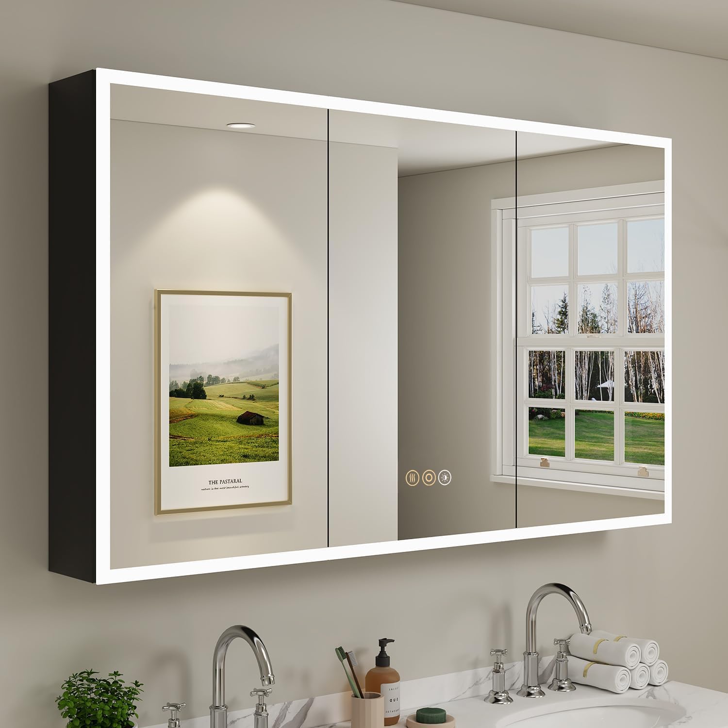 Buruis 60 x 32 Inch Medicine Cabinet with LED Lights and Mirror, Recessed/Wall Mounted Bathroom Cabinet, 3-Color Light, Defogger, Memory Function, Outlet & USB, Dimmer, Black 60'' x 32'' Triple Door